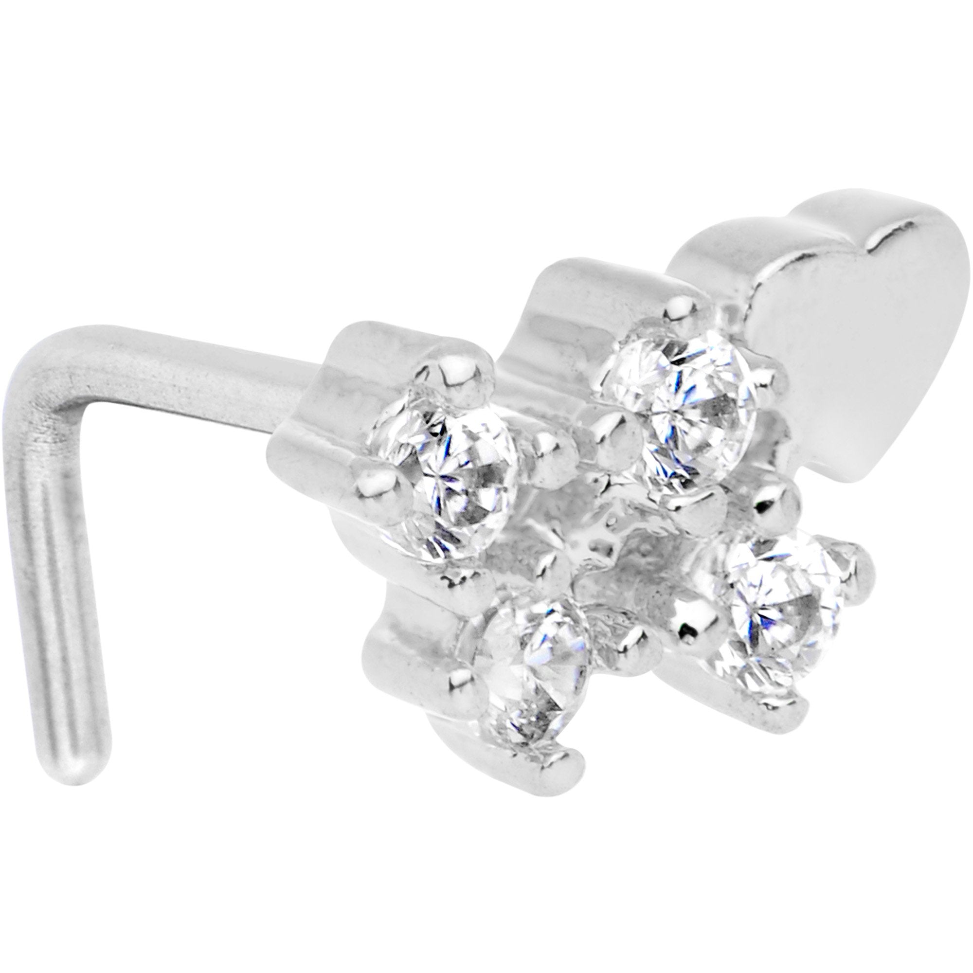 20G Clear CZ Heart Faux Hoop L Shaped Nose Ring