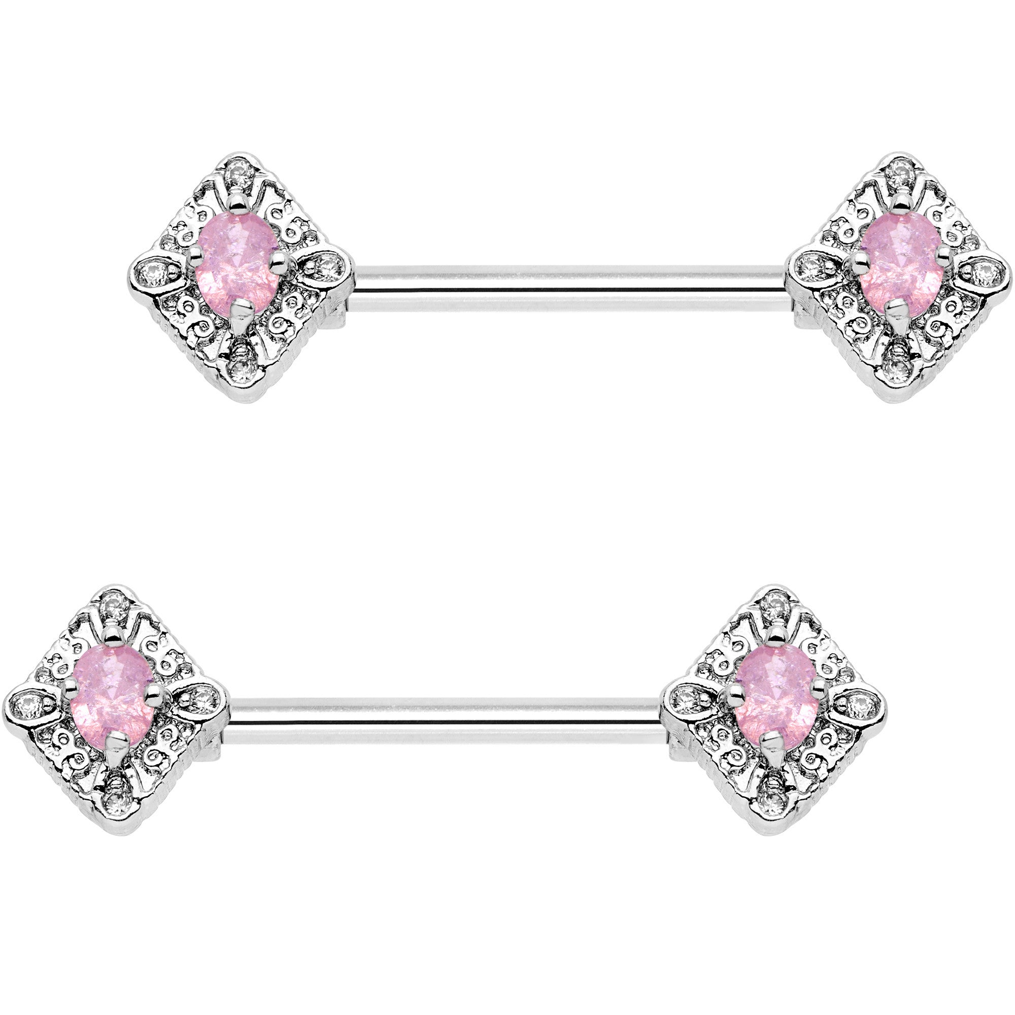 14G 5/8" Clear Pink Gem Rococo Rhombus Barbell Nipple Ring Set