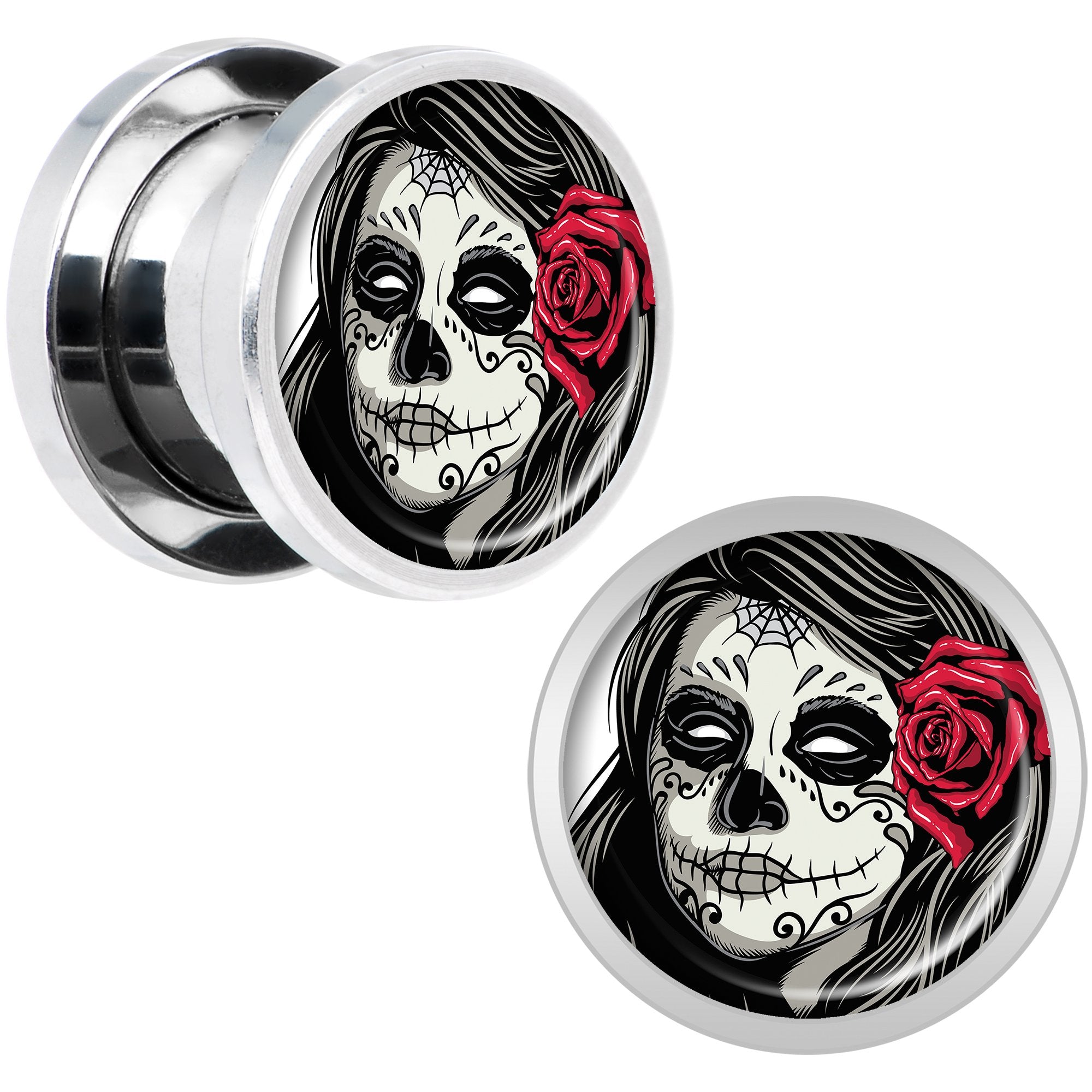 Katrina Sugar Skull with Rose Flower Steel Screw Fit Plug Set 00G