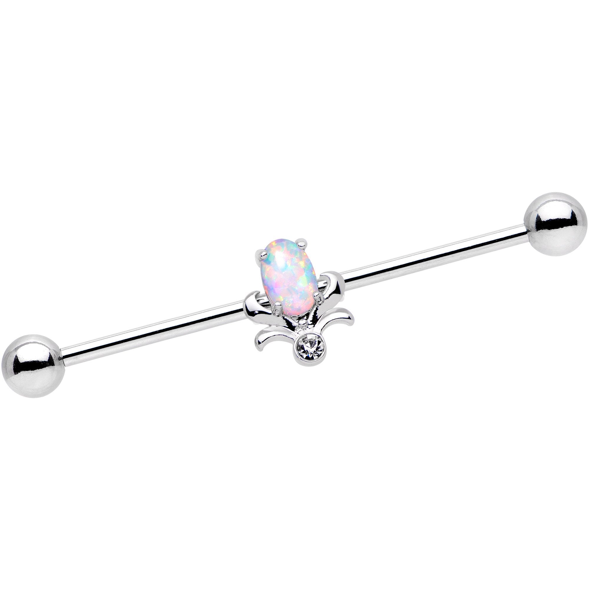 14G White Synthetic Opal Flower Power Industrial Barbell 38mm