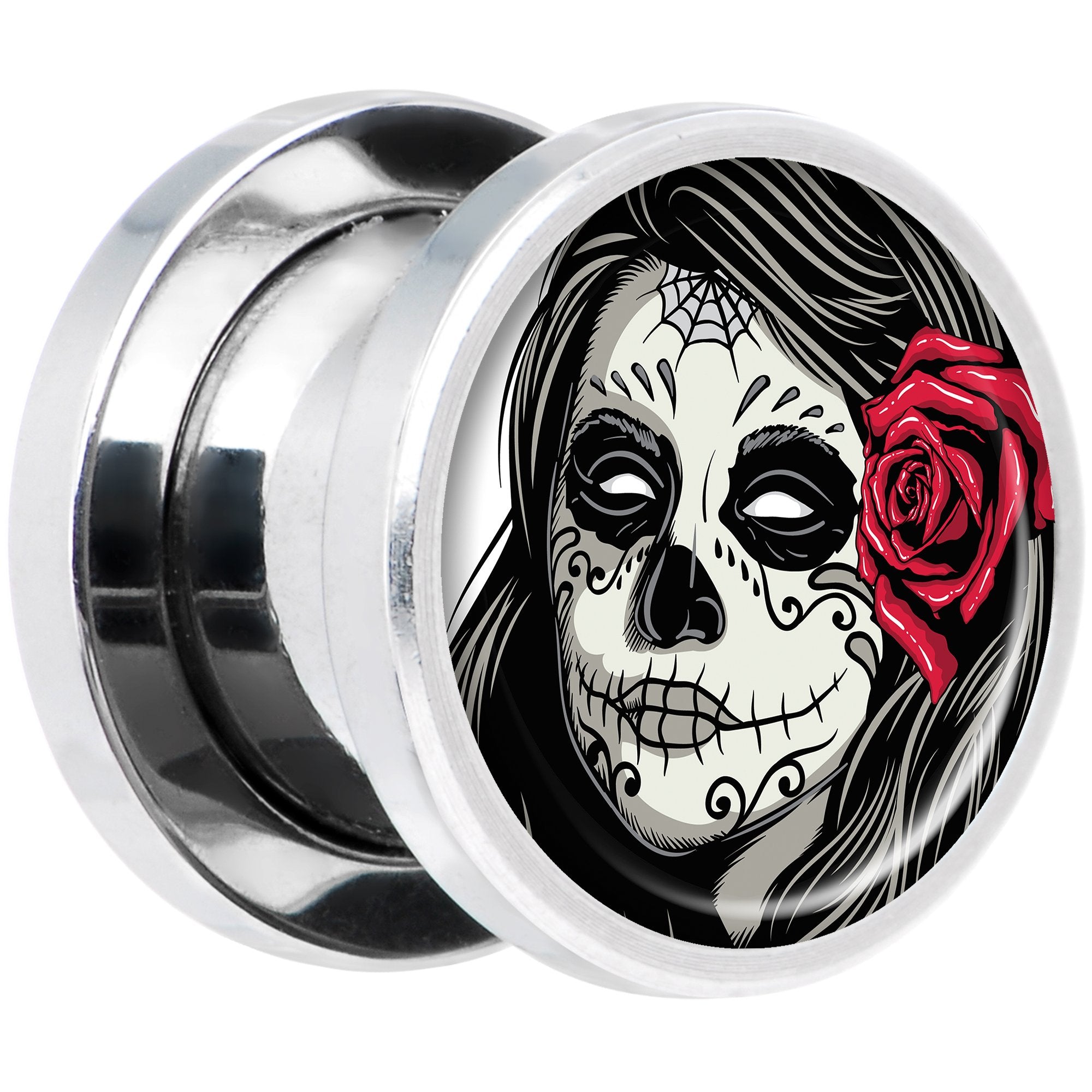 Katrina Sugar Skull with Rose Flower Steel Screw Fit Plug Set 00G