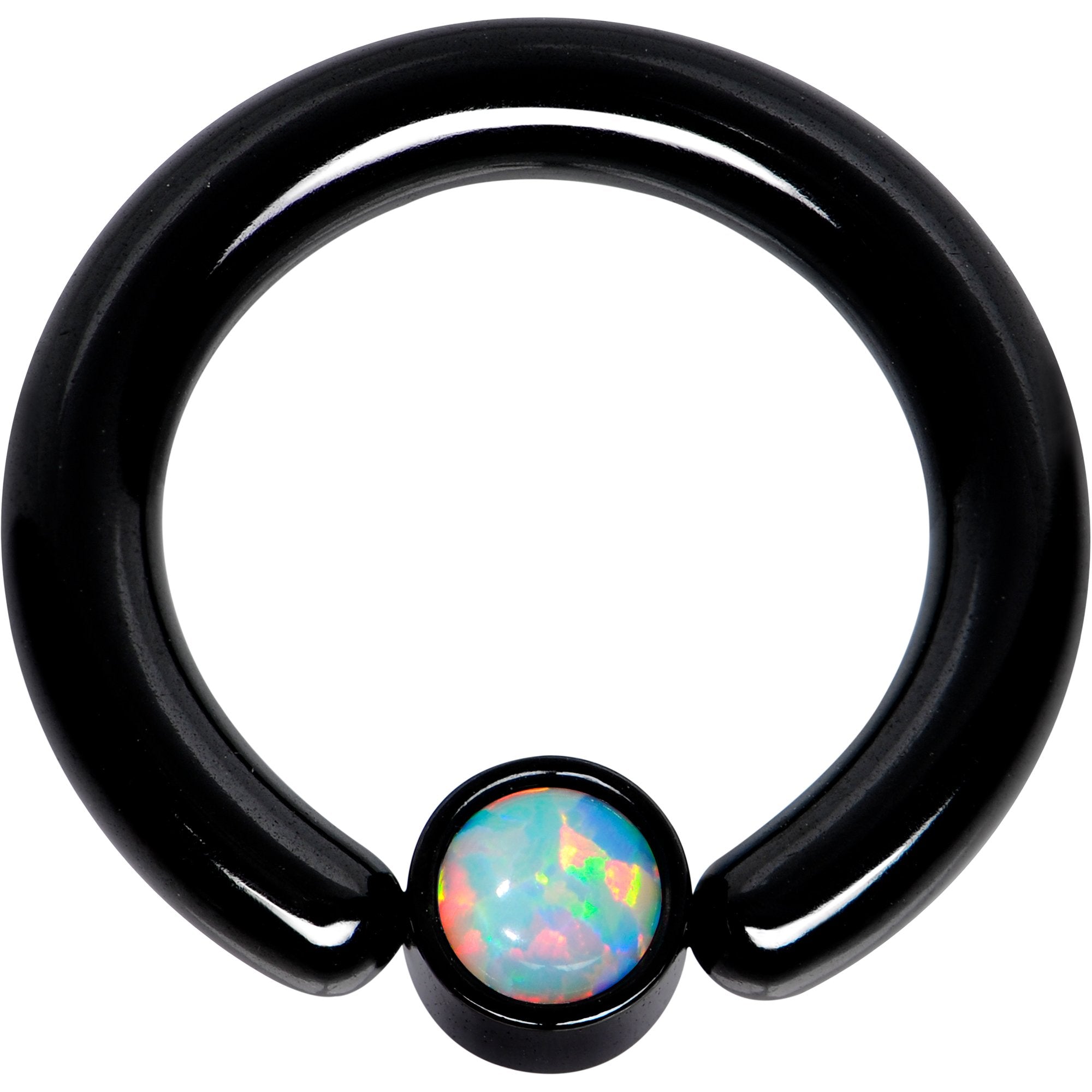 8G 1/2 White Faux Opal 5mm Disc Black IP BCR Captive Ring