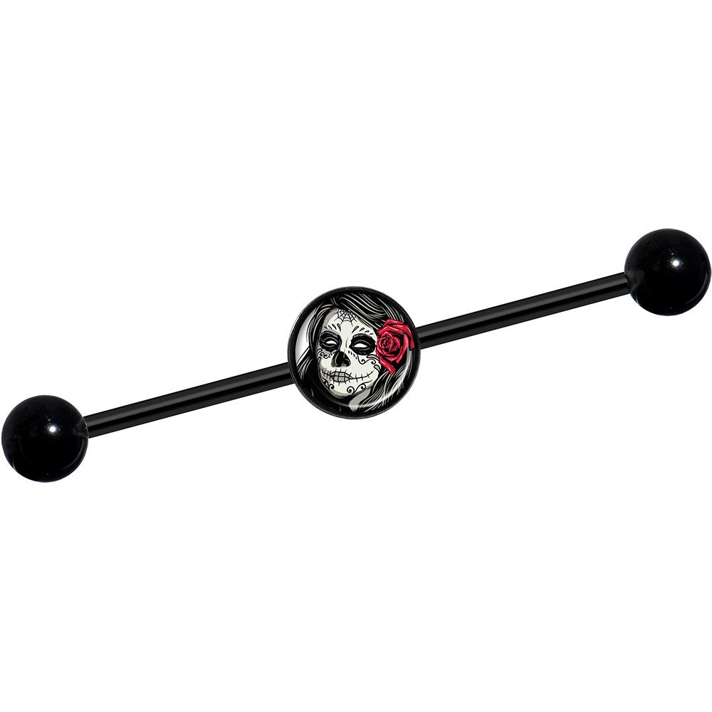 14G Katrina Sugar Skull with Rose Flower Black Industrial Barbell 37mm