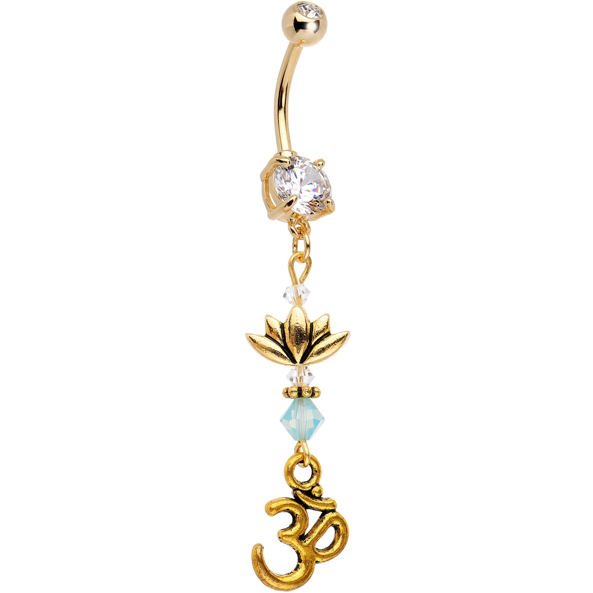 Ohm Lotus Flower Gold Tone Dangle Belly Ring Created with Crystals
