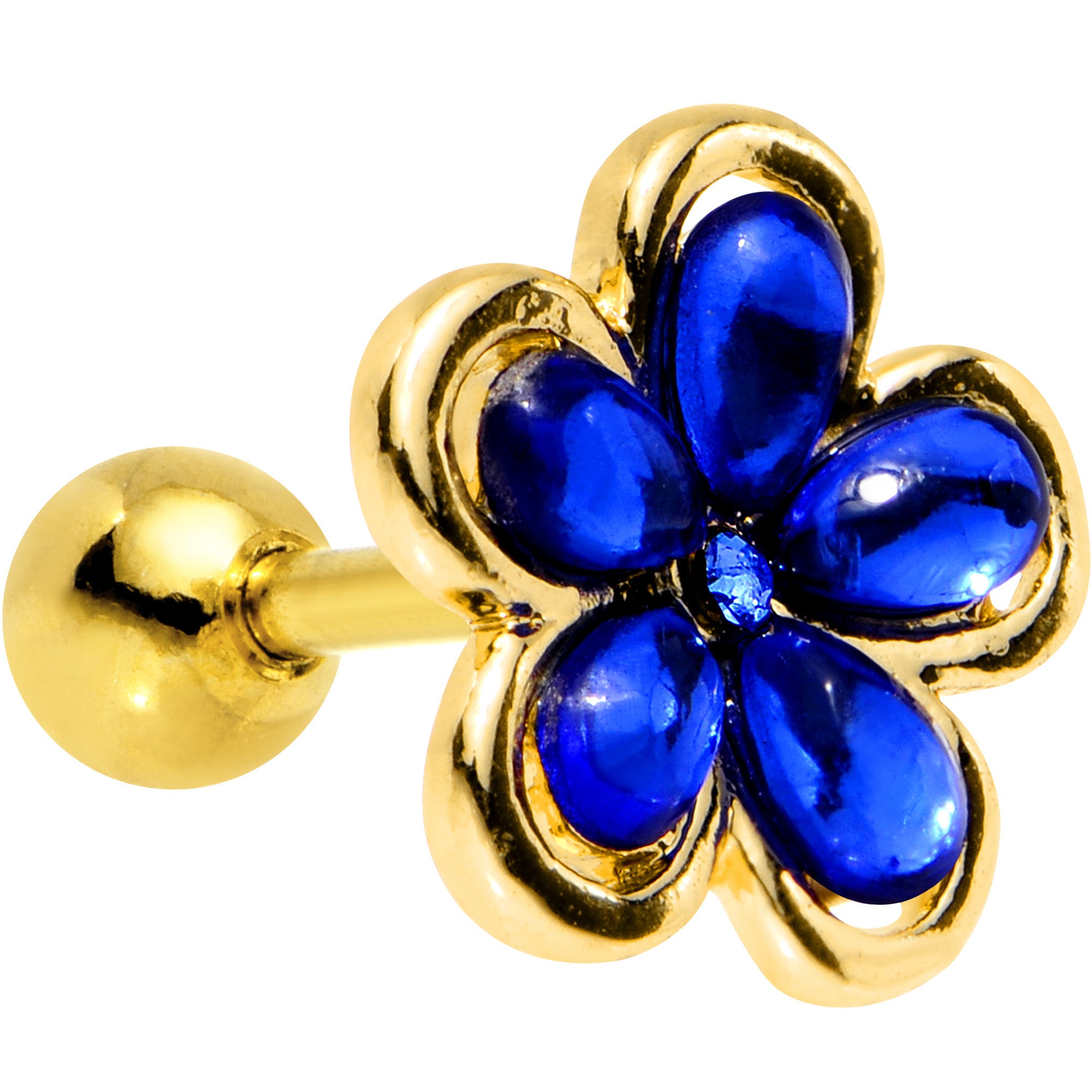 16G 1/4 Blue Gem Gold PVD Flower Tragus Cartilage Earring