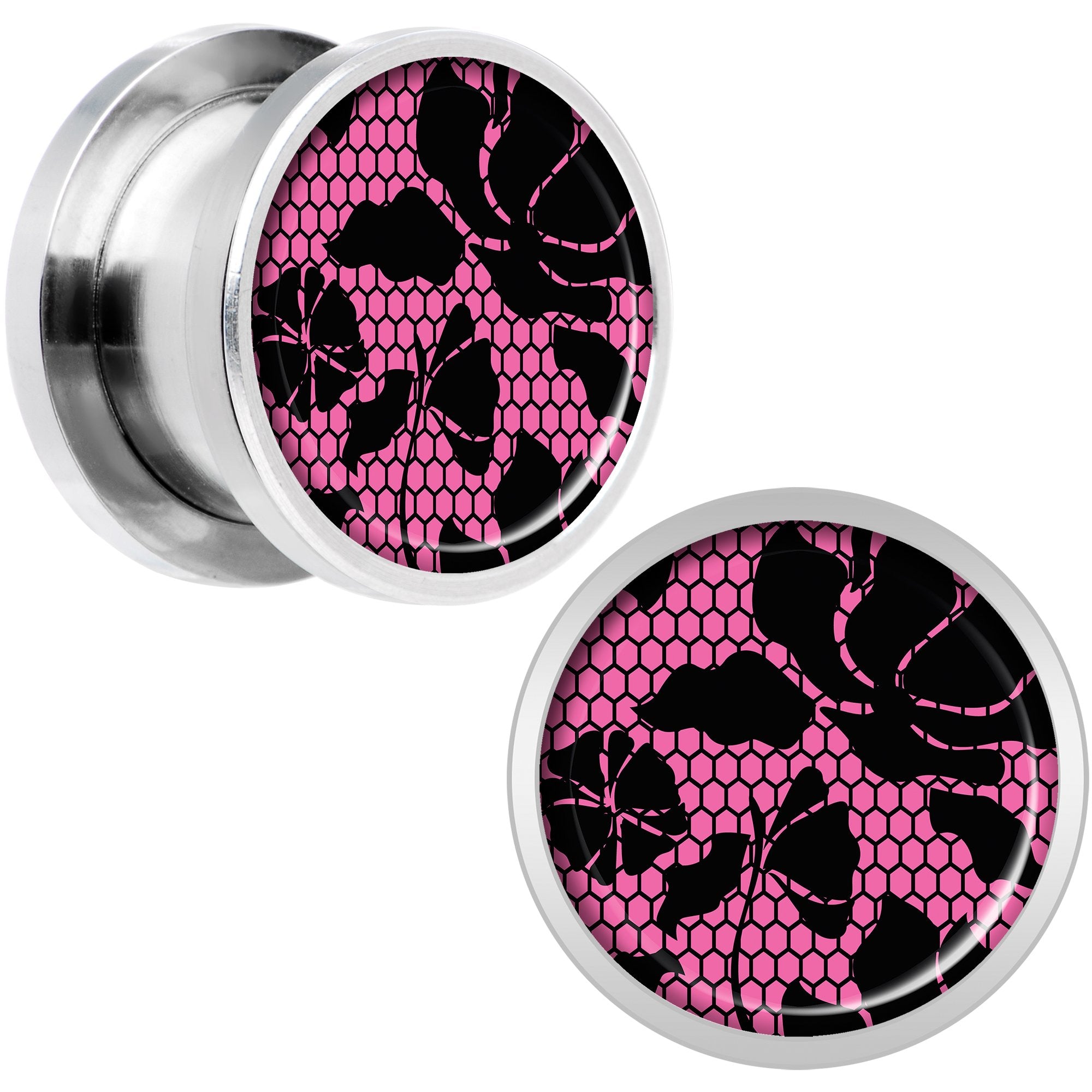 Pink Floral Lace Steel Screw Fit Plug Set 1/2