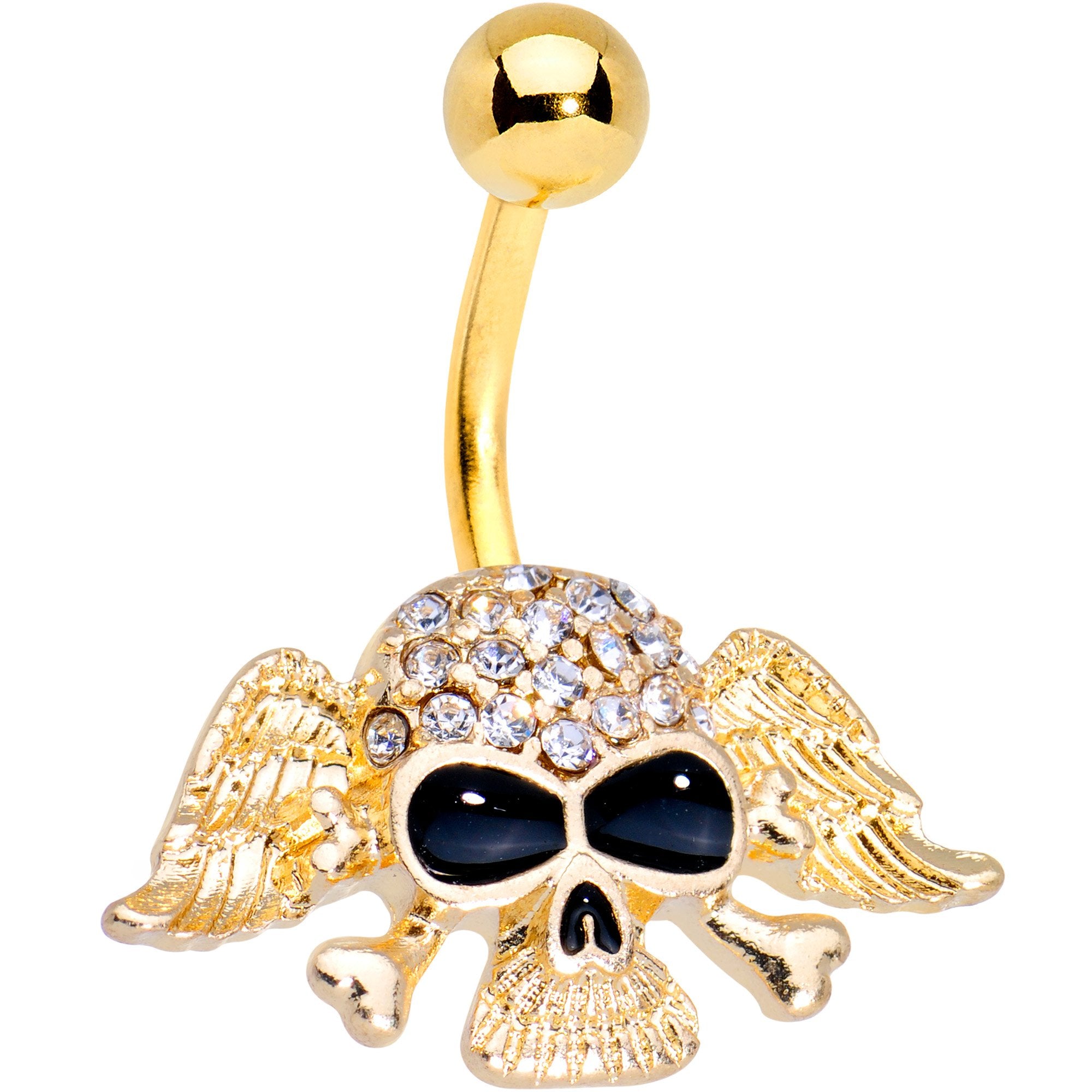 Clear Gem Gold Tone Anodized Flying Skull Belly Ring