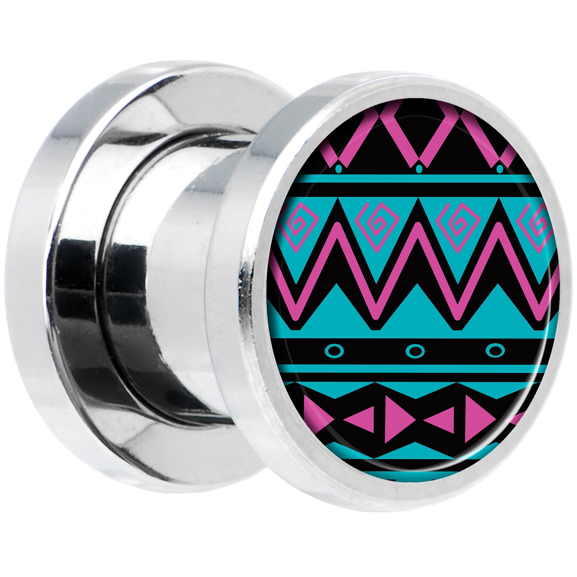 Pink Teal Tribal Print Steel Screw Fit Plug Set 0G