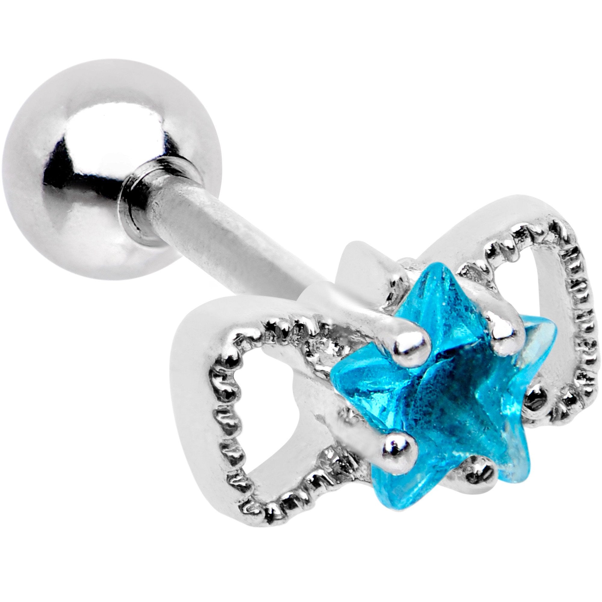 16G 1/4 Aqua Star CZ Gem Bow Tie Cartilage Tragus Earring