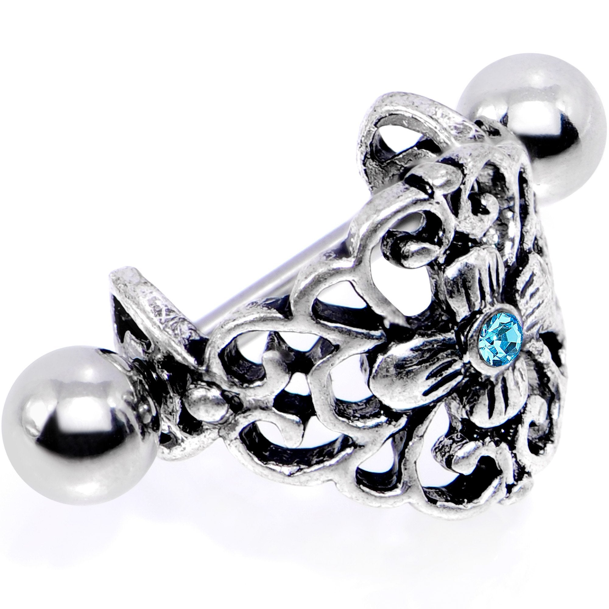 16G 1/2 Aqua Gem Filigree Floral Cuff Cartilage Earring