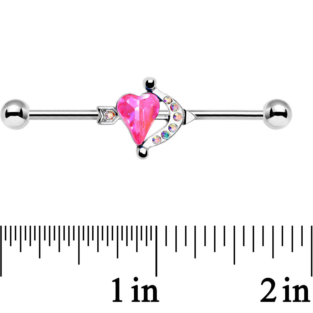 Pink Aurora Gem Heart and Arrow Calling Cupid Industrial Barbell 38mm