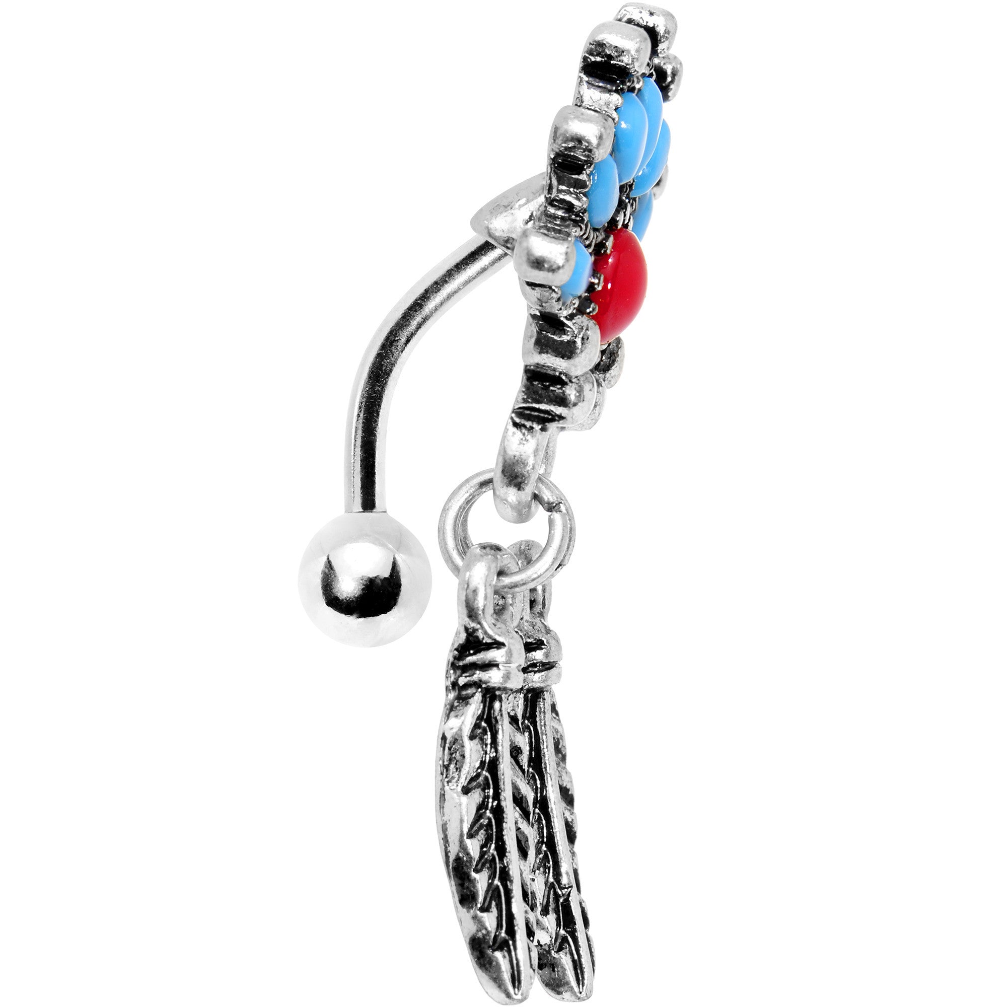 Red Blue Orb Fan Feather Top Mount Dangle Belly Ring
