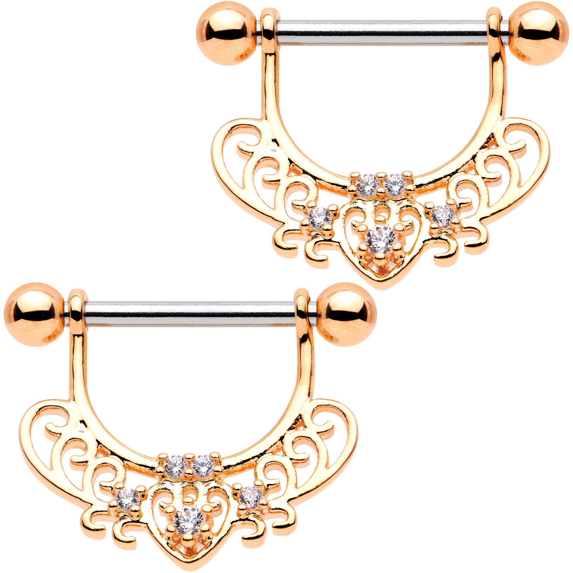 1/2 Clear CZ Gem Rose Gold Tone Mehndi Dangle Nipple Ring Set