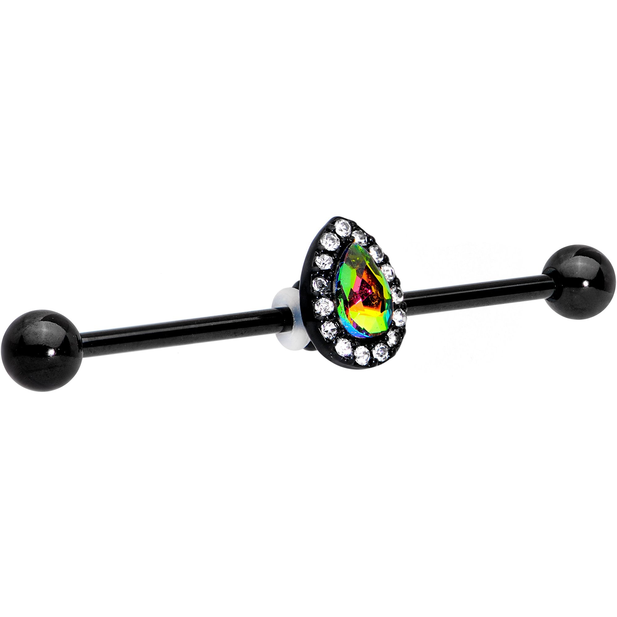 Rainbow Gem Black Anodized Bubblegum Teardrop Industrial Barbell 38mm
