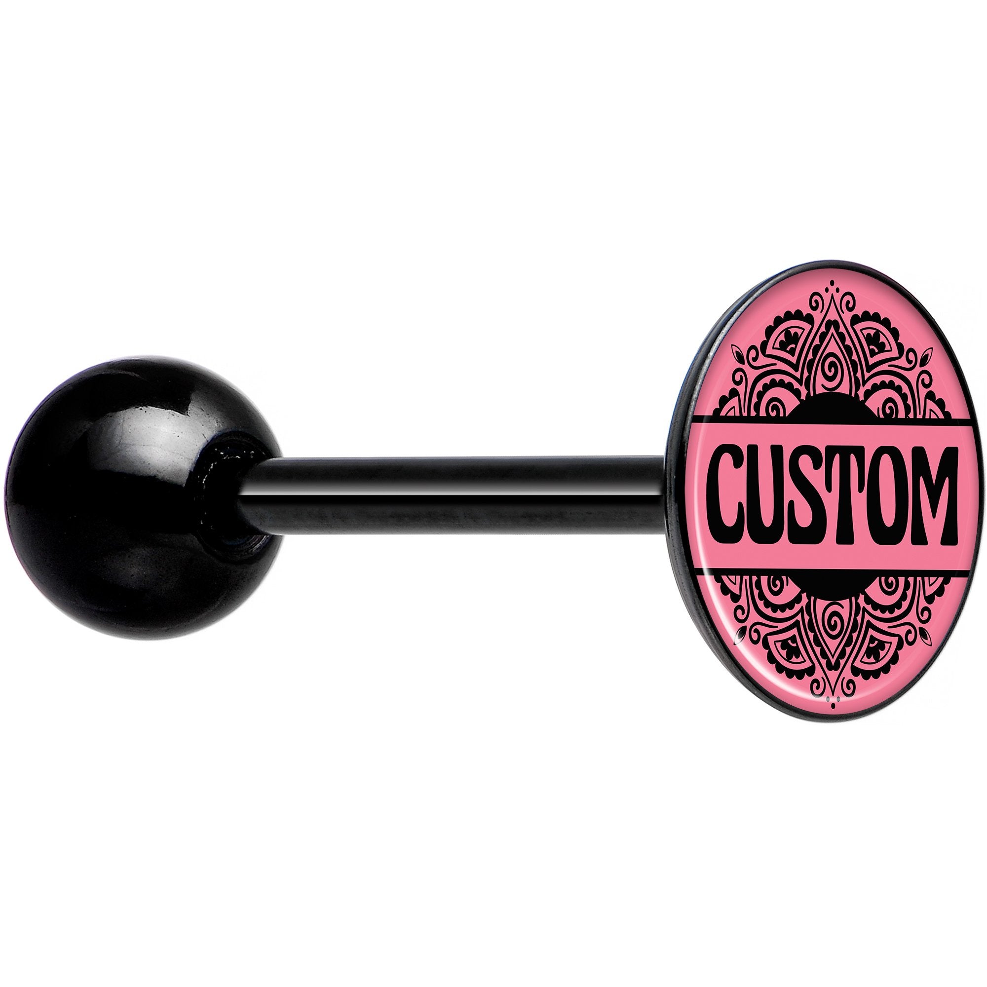 Custom Pink Mandala Personalized Name Black Barbell Tongue Ring