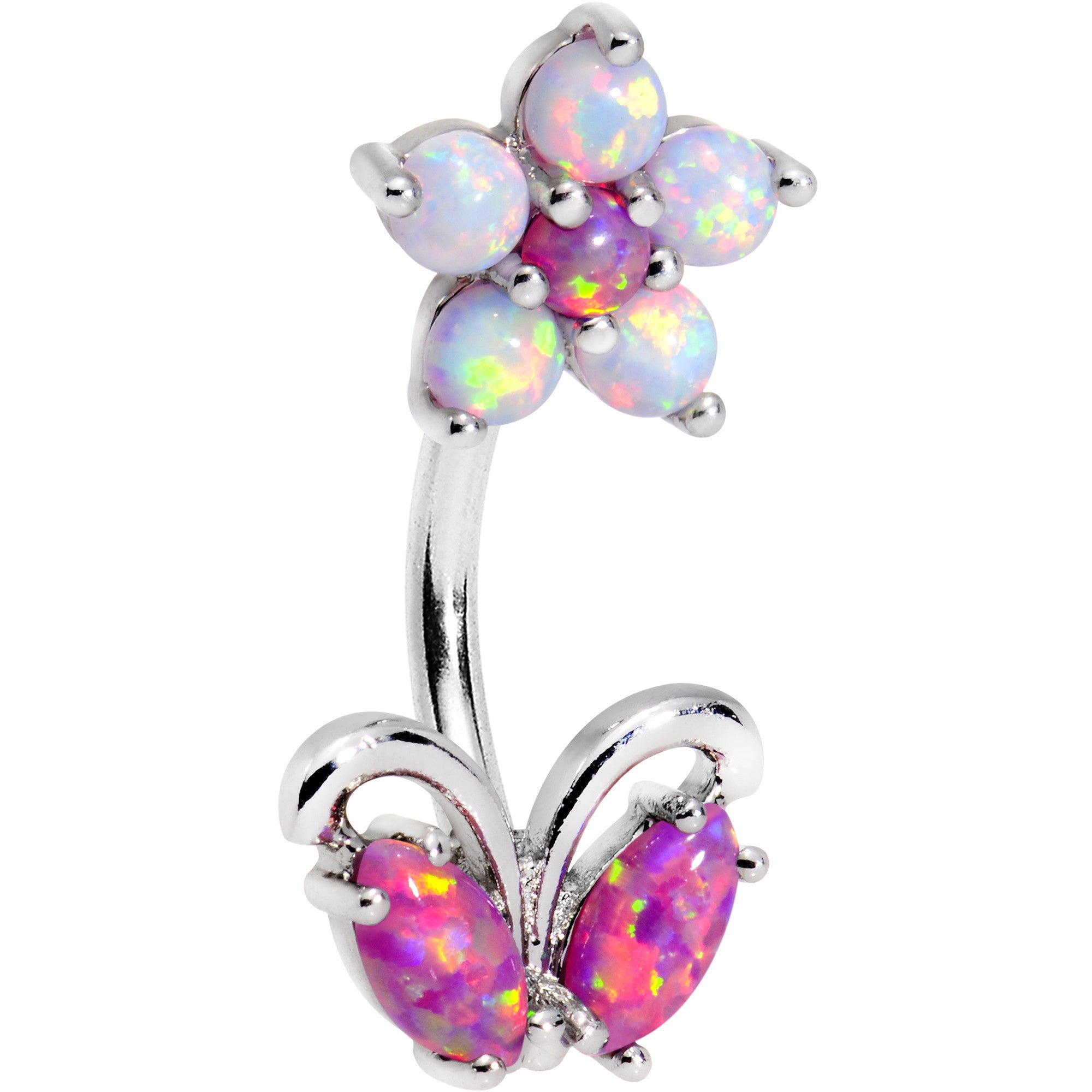 Pink White Faux Opal Flourishing Flower Double Mount Belly Ring