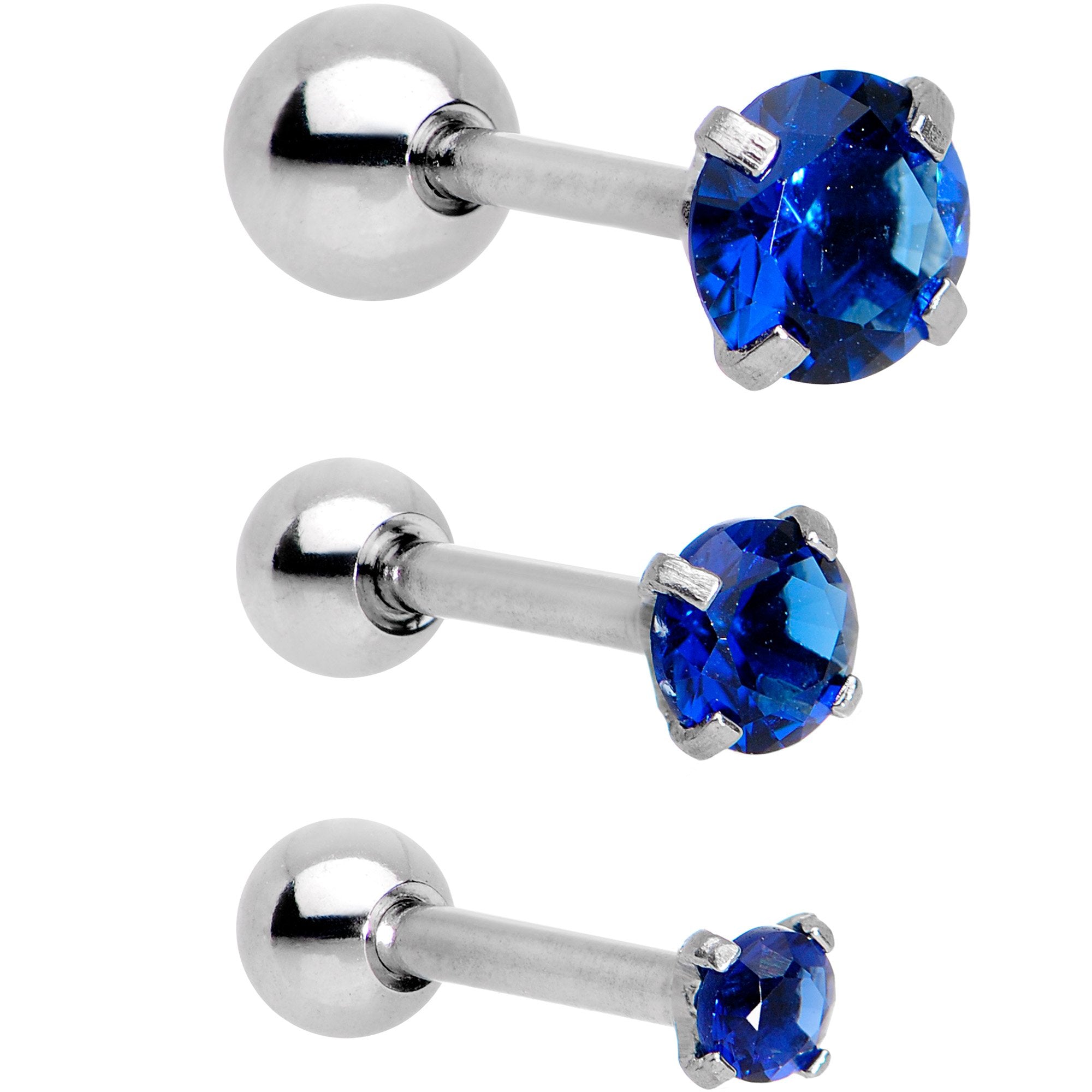 18G 1/4 Blue CZ Gem Tragus Cartilage Earring 3 Pack Set