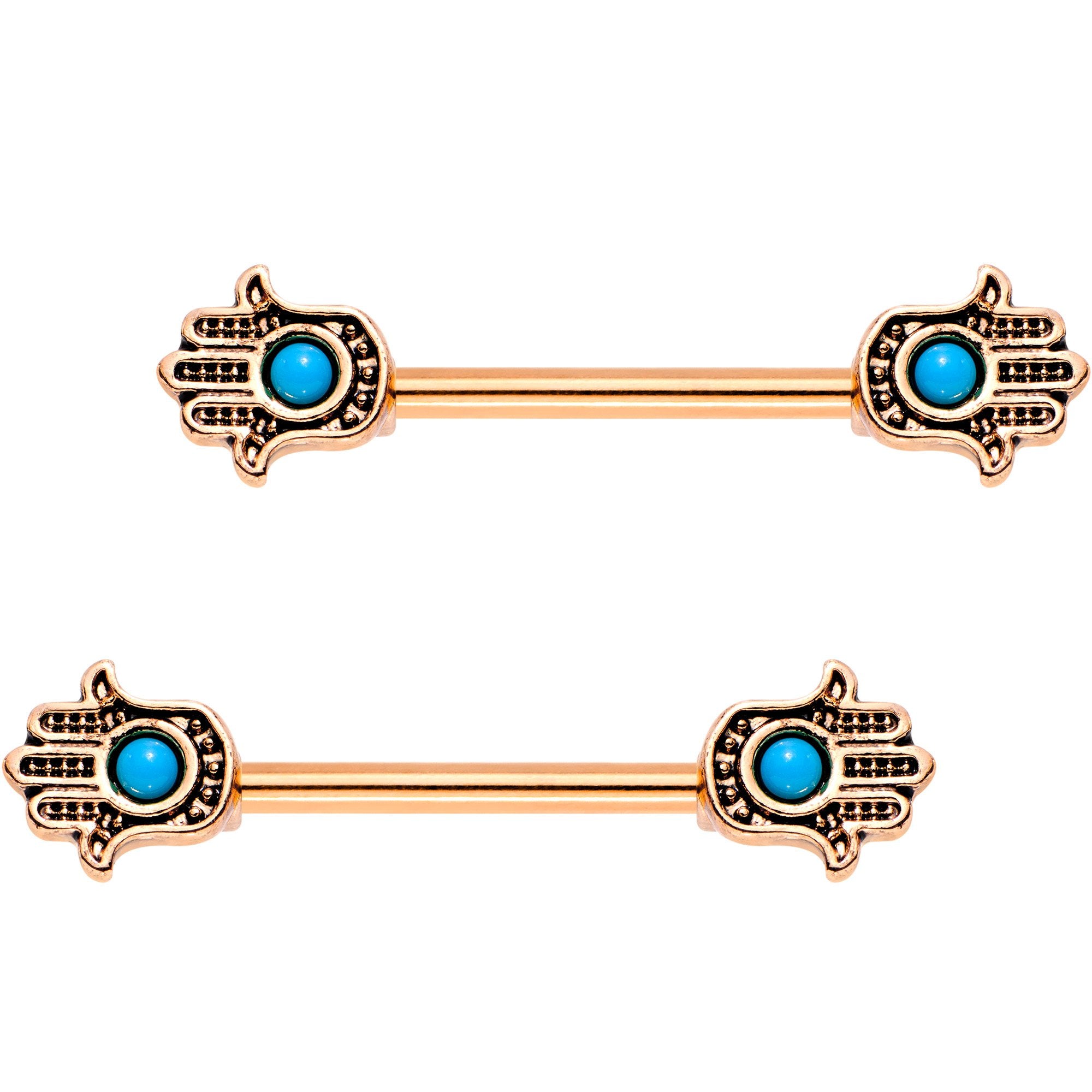 9/16 Blue Orb Rose Gold Plated Hamsa Hand Barbell Nipple Ring Set