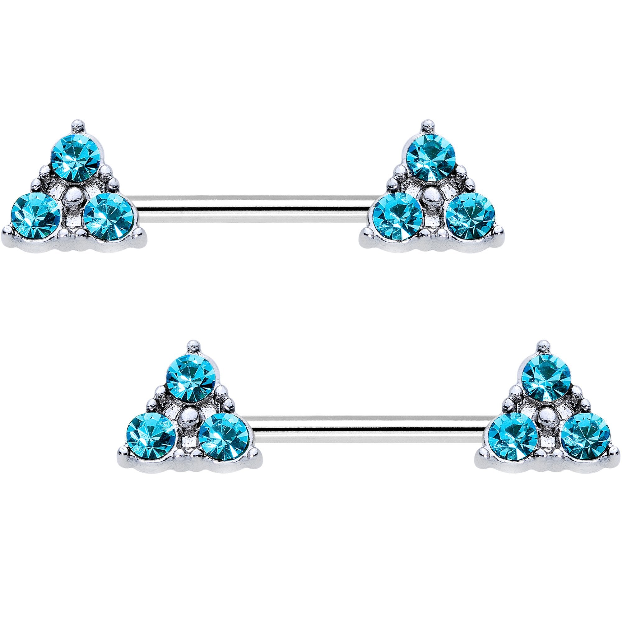 3/8 Aqua Gem Pyramid Trio Barbell Nipple Ring Set