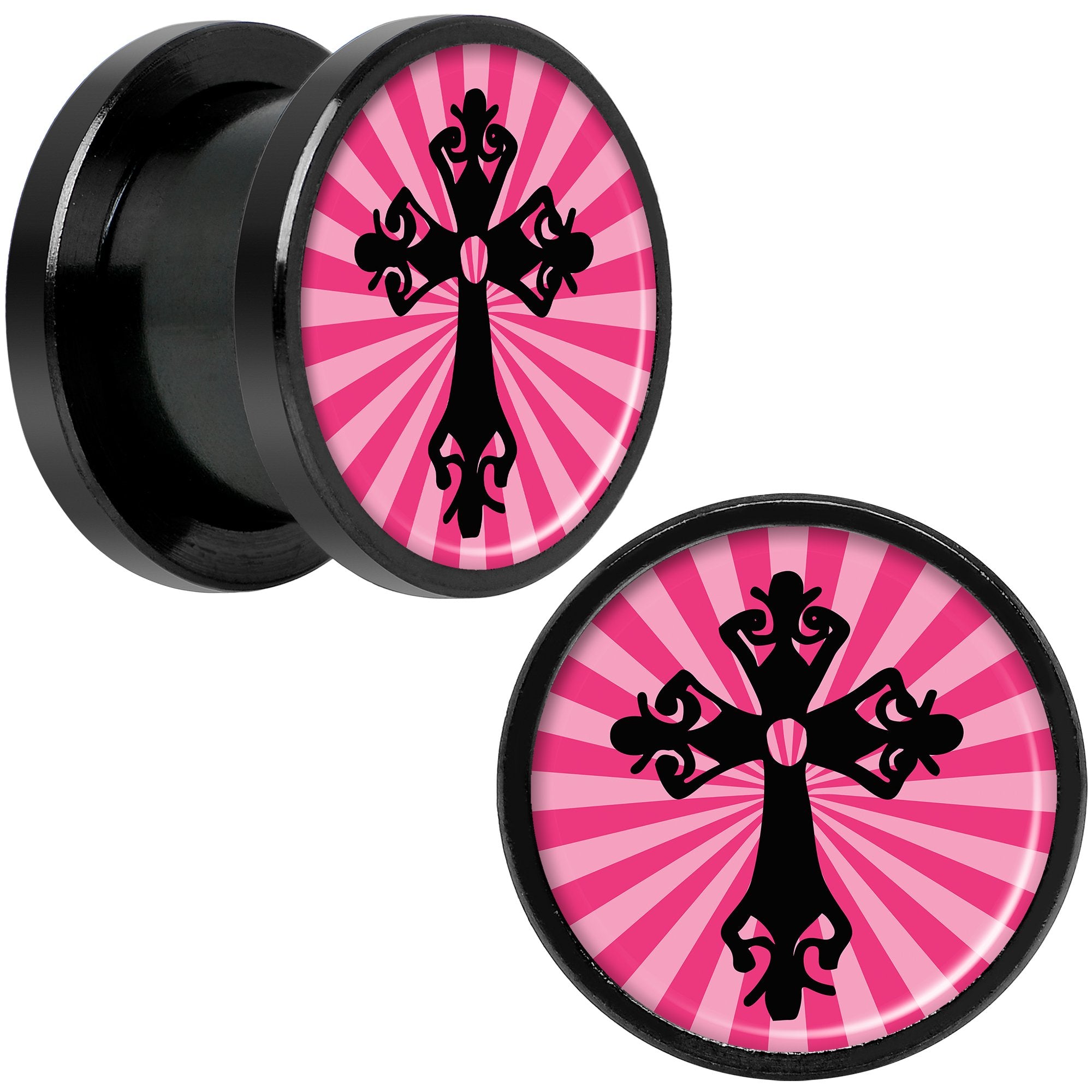 Pink Black Radiant Cross Black Anodized Screw Fit Plug Set 1/2