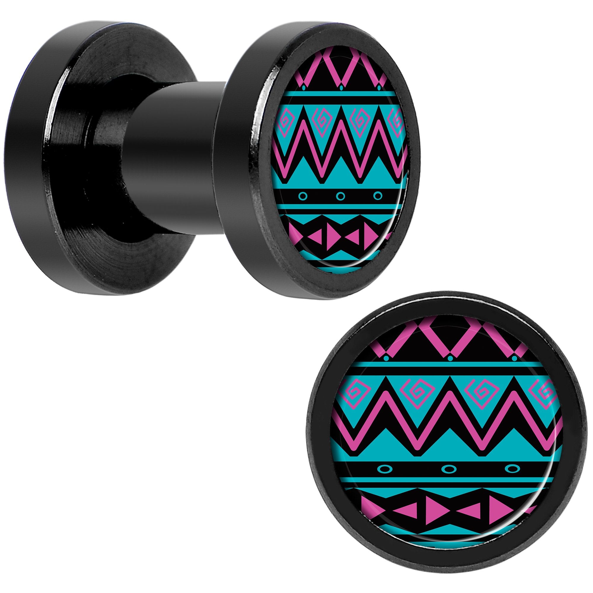 Pink Teal Tribal Print Black Anodized Screw Fit Plug Set 4G