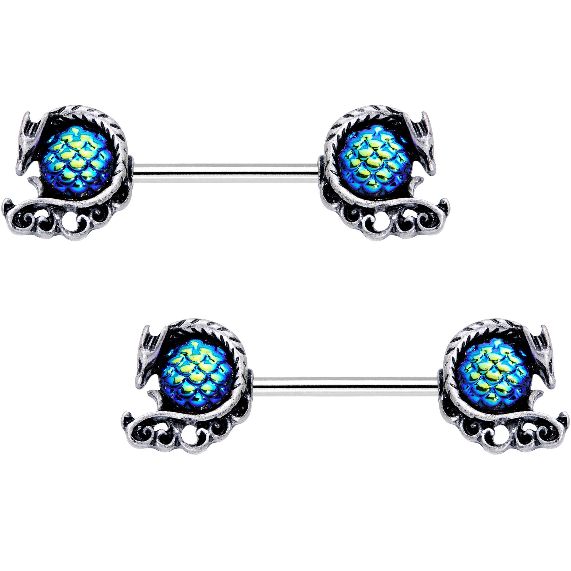 Green Mermaid Scale Daring Dragon Barbell Nipple Ring Set