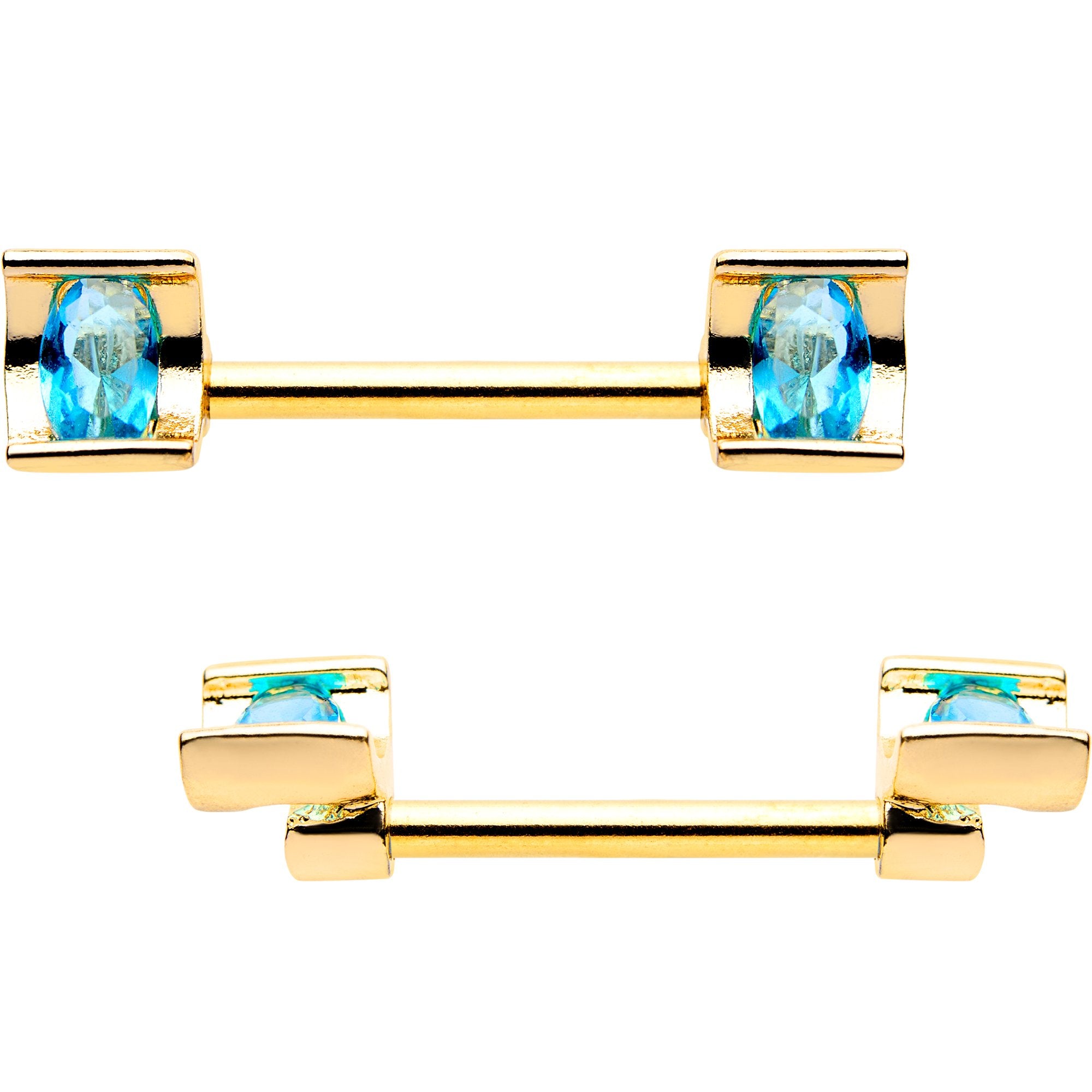 14G Blue Gem Gold Tone Sccop Captive Ring Barbell Nipple Ring Set