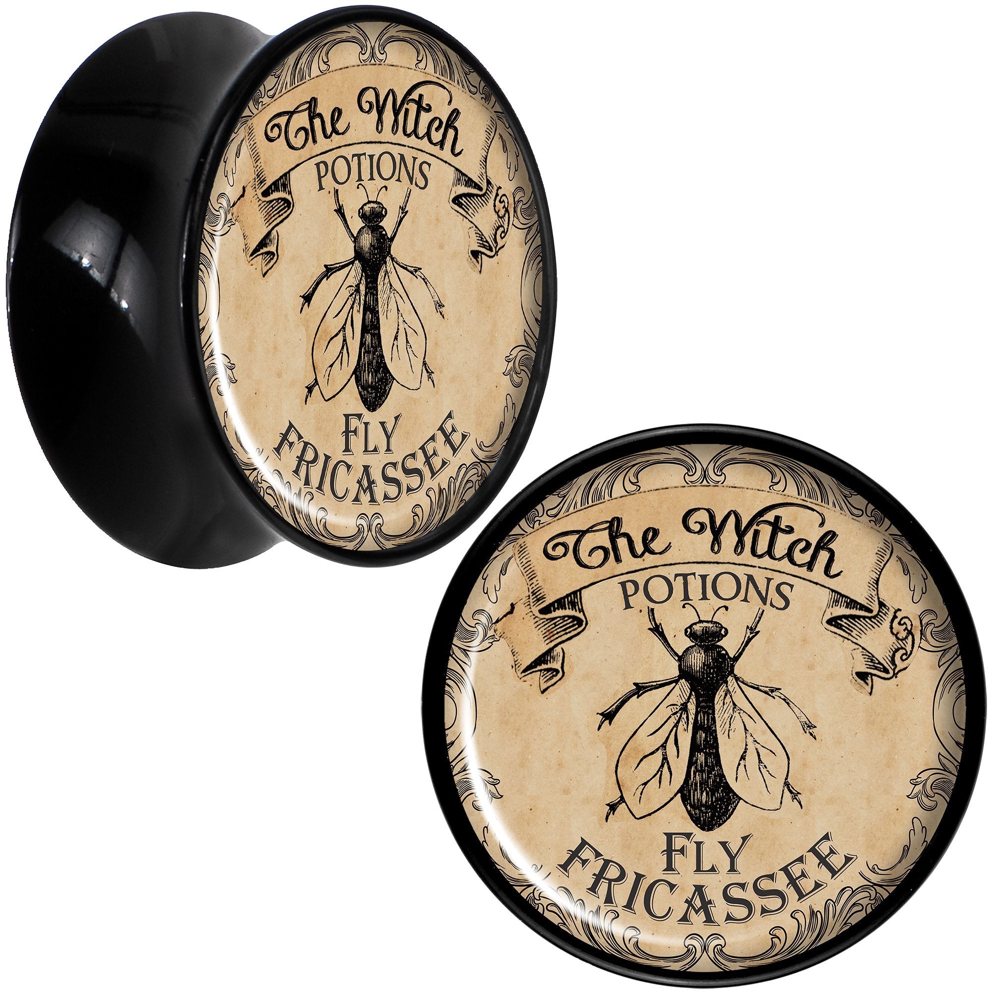 Witches Brew Fly Fricassee Halloween Black Acrylic Plug Sizes 0G to 20mm