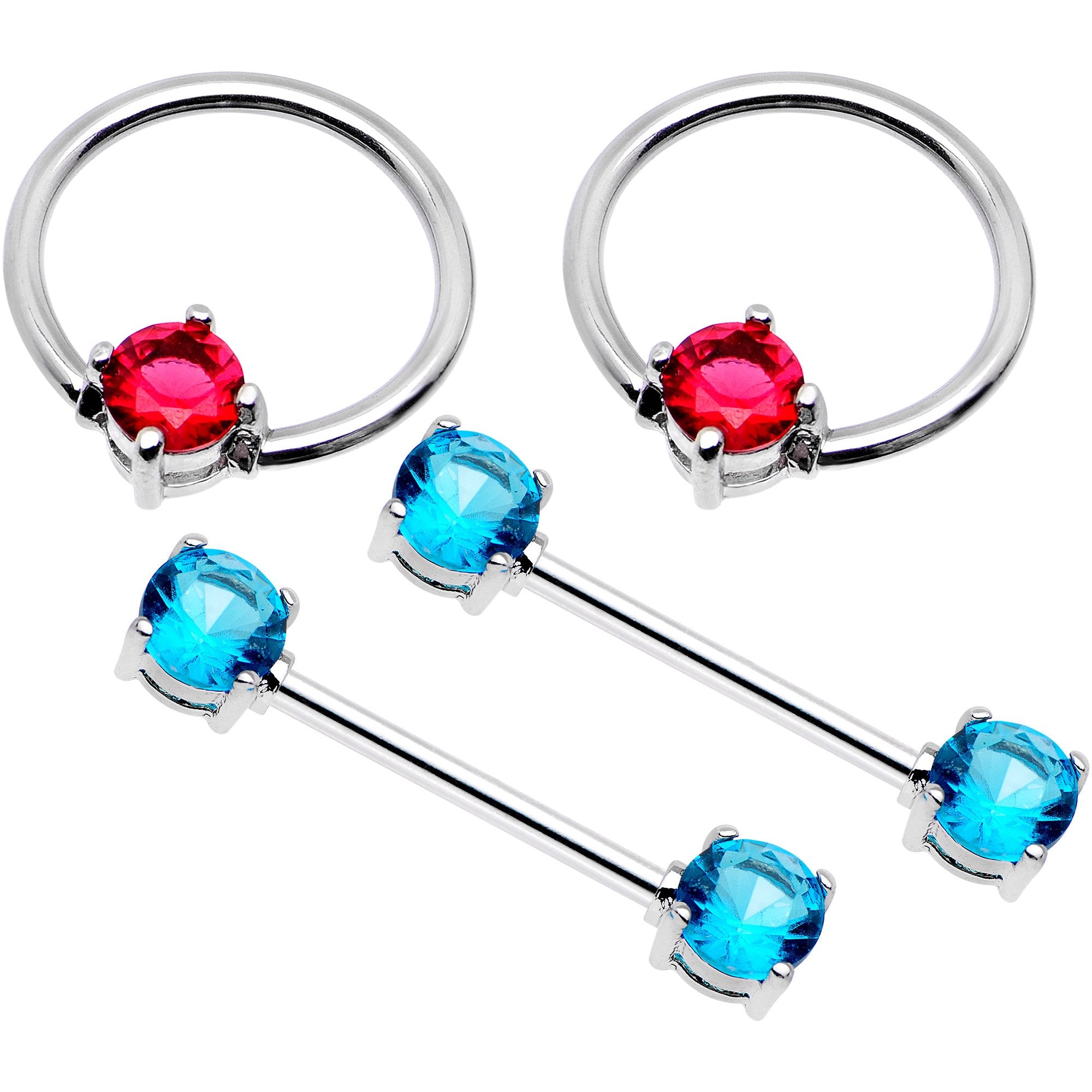 5/8 Pink Aqua Gem Captive Ring Straight Barbell Nipple Ring Set