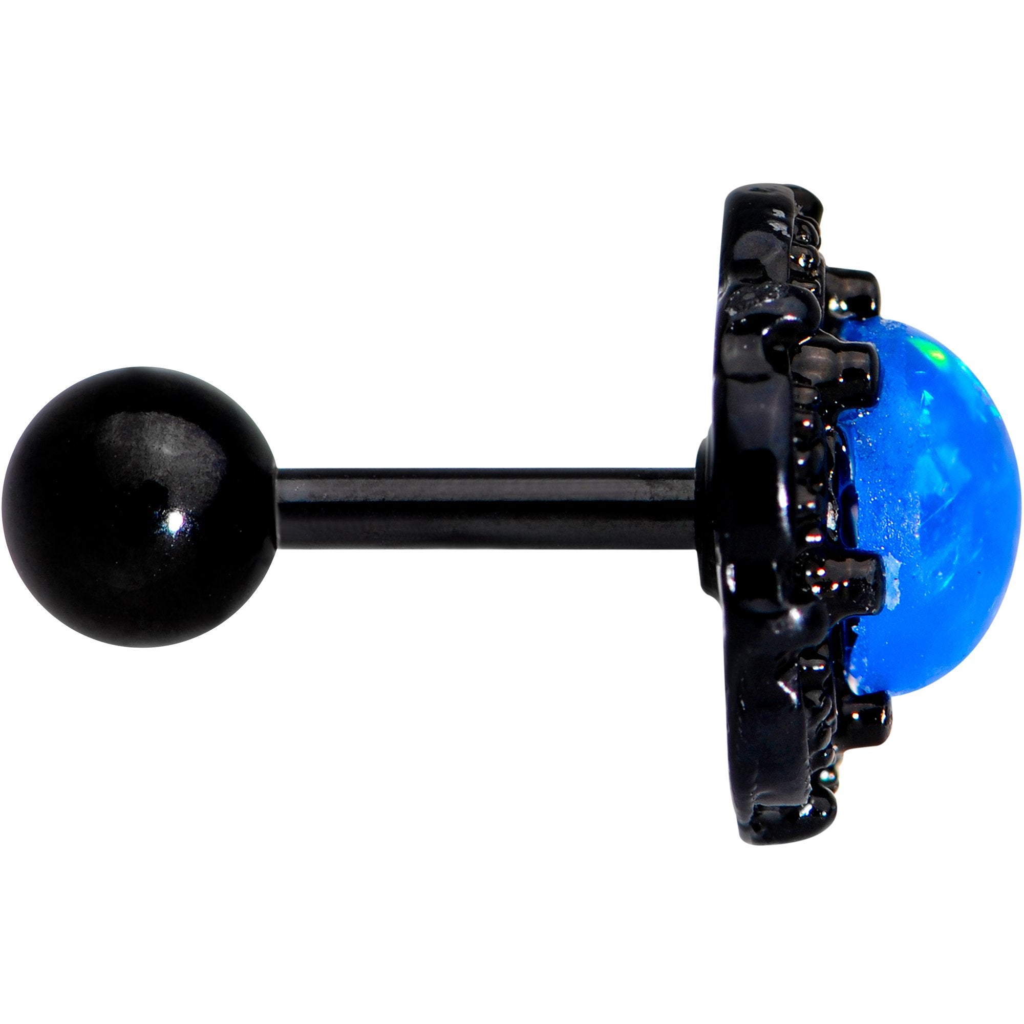 16G 1/4 Black PVD Blue Faux Opal Ornate Tragus Cartilage Earring