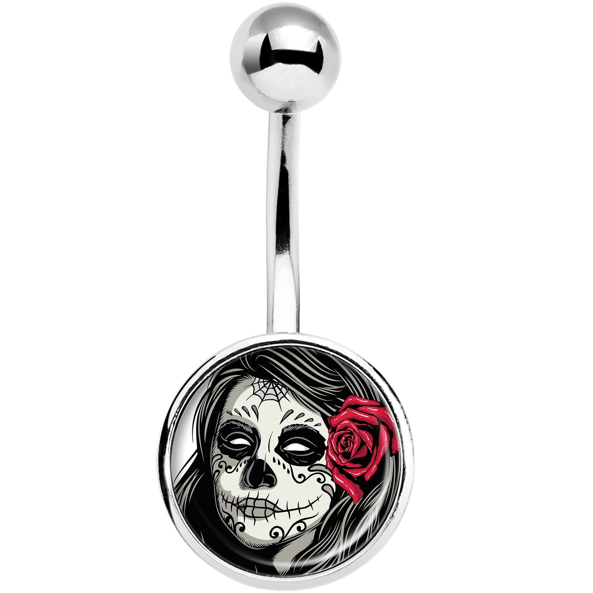 Katrina Sugar Skull with Rose Flower Stainless Steel Belly Ring lightweight comfortable