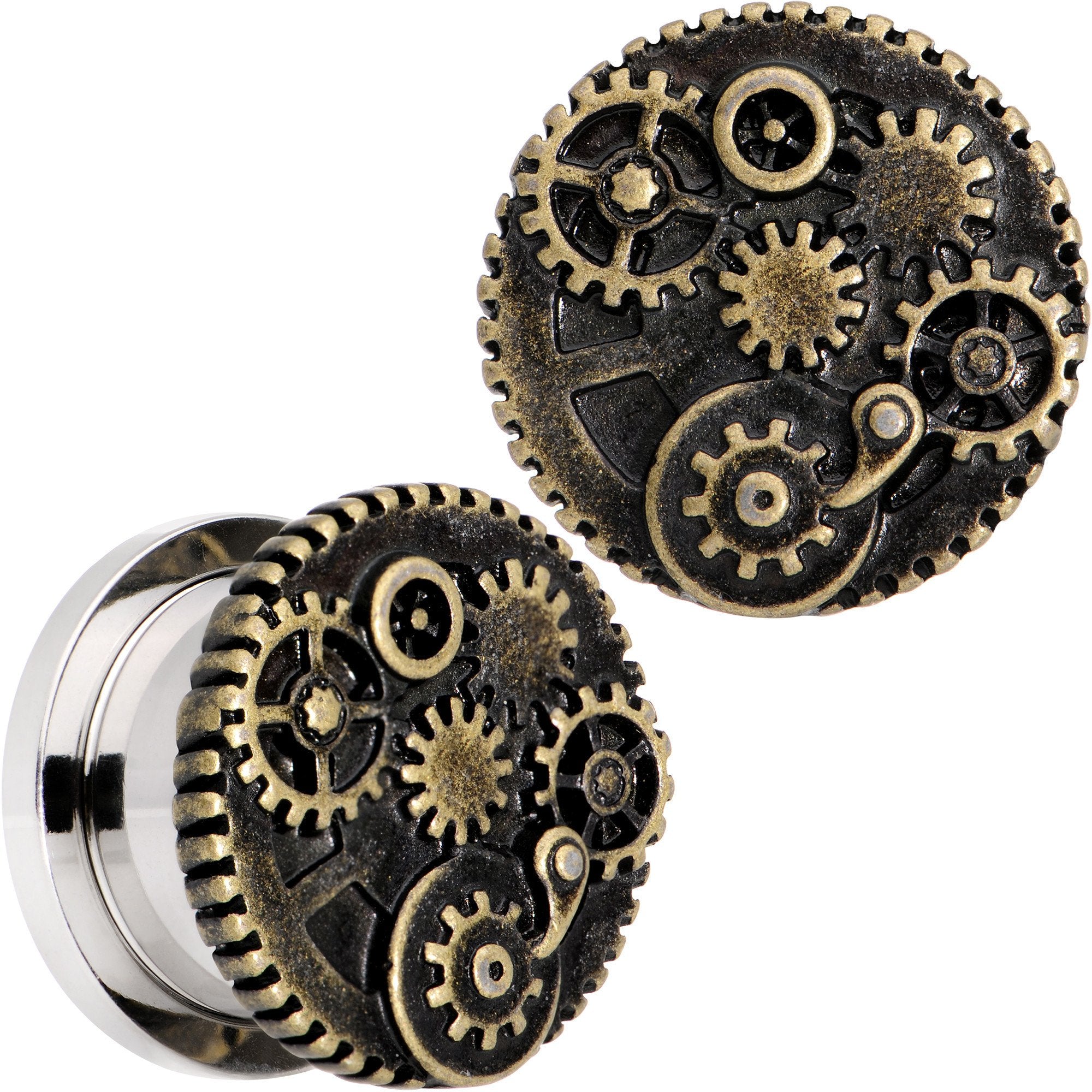 Steampunk Gears and Gizmos Screw Fit Tunnel Plug Set 2G to 1 Inch