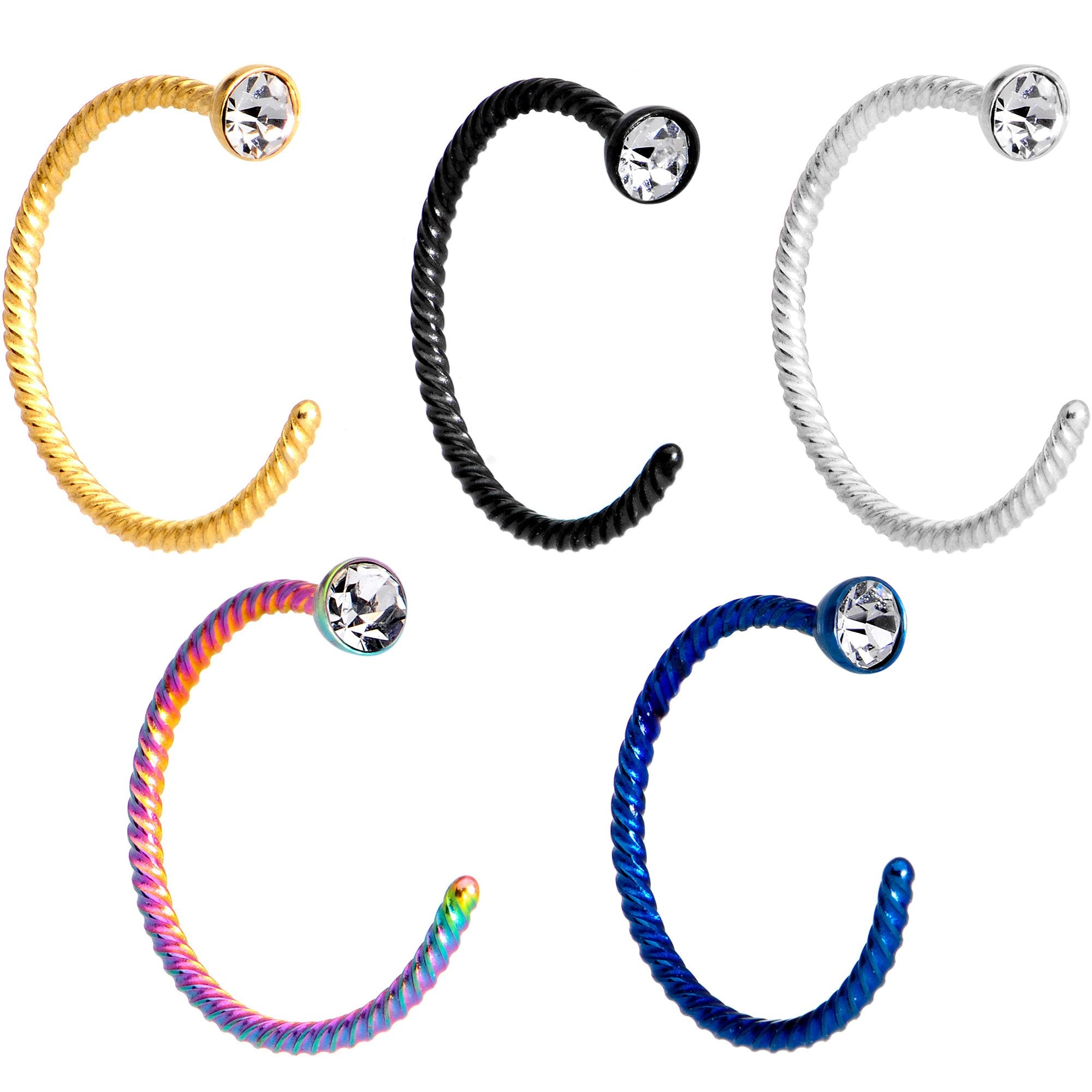 20G 5/16 Clear Gem Rainbow Pack Set of 5 Twisted Nose Hoop Rings