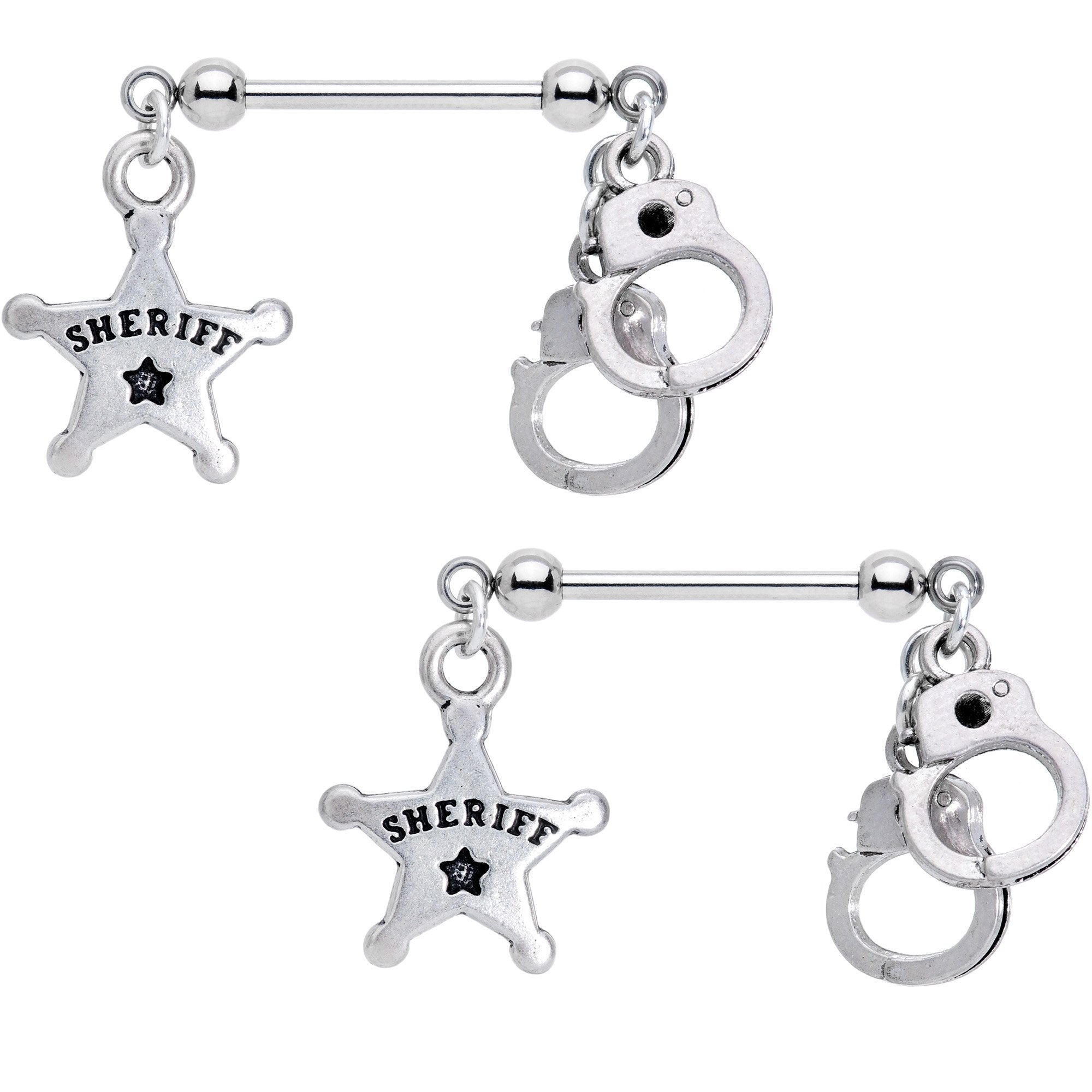 Handcrafted Sheriff Badge and Cuffs Dangle Nipple Ring Set