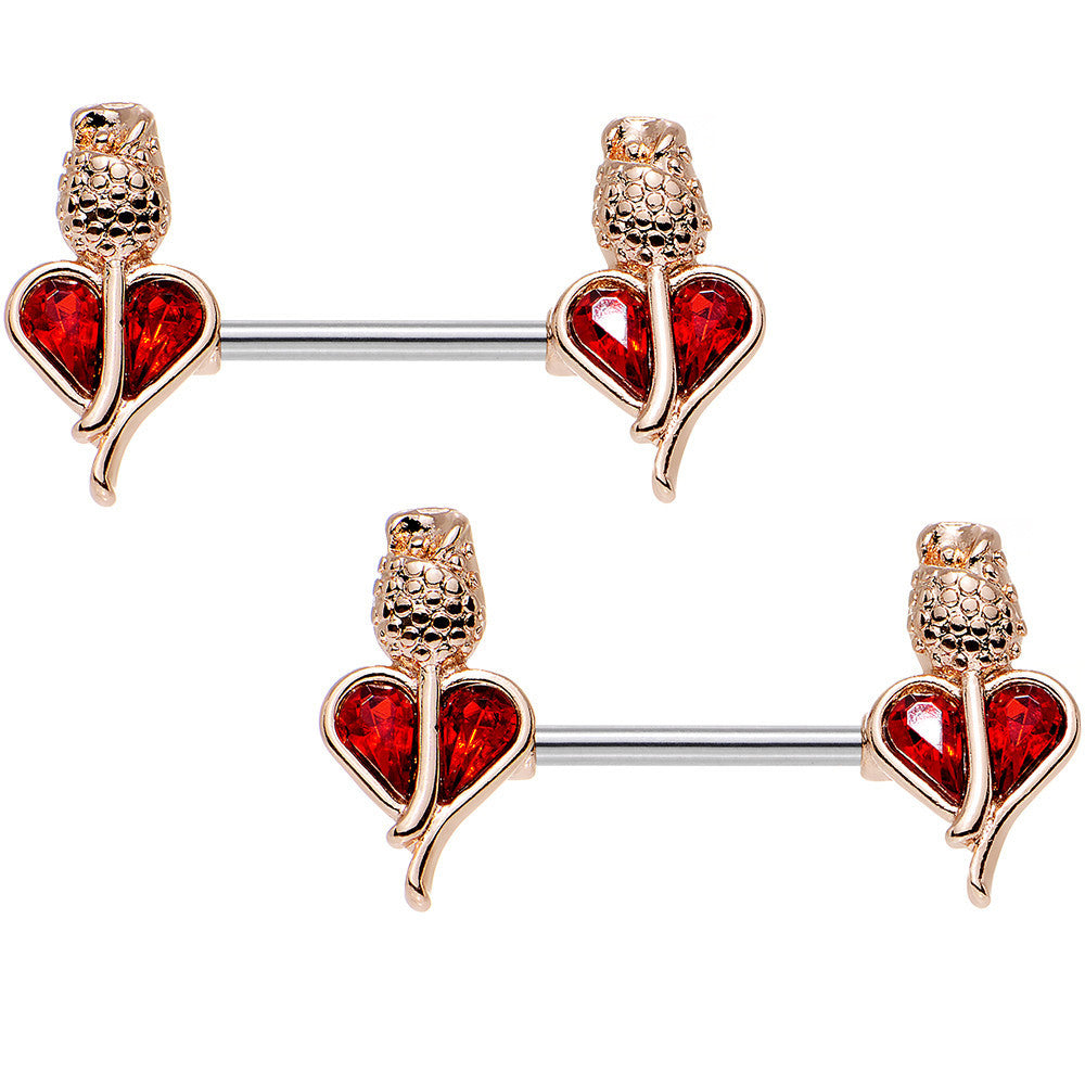 14G 9/16 Red Gem Rosy Hue Heart and Rose Flower Nipple Barbell Set