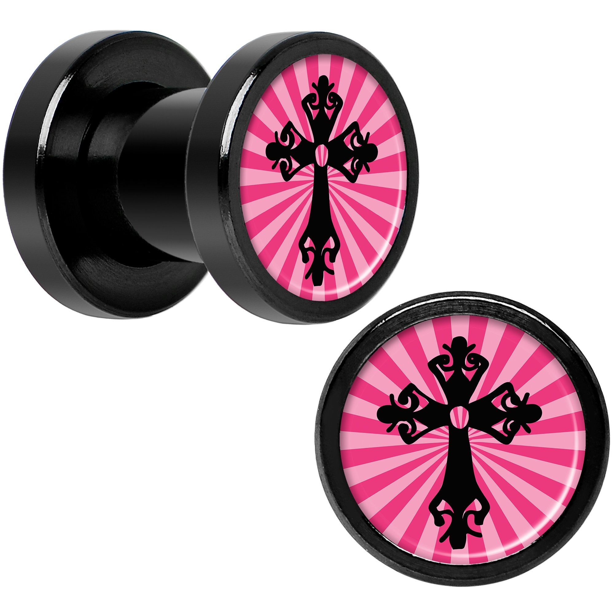 Pink Black Radiant Cross Black Anodized Screw Fit Plug Set 2G