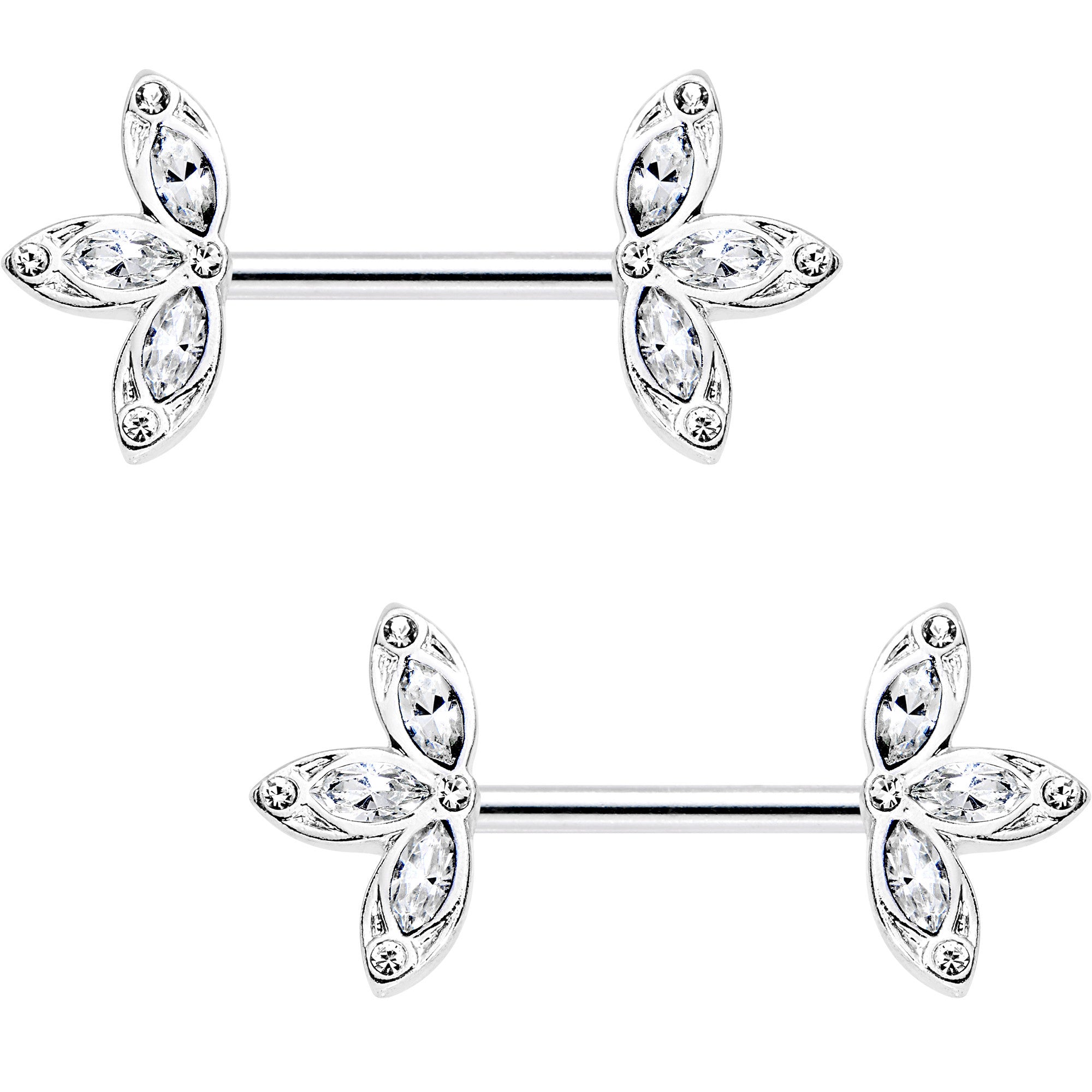 14G 1/2 Clear Gem Fleur de Seins Barbell Nipple Ring Set