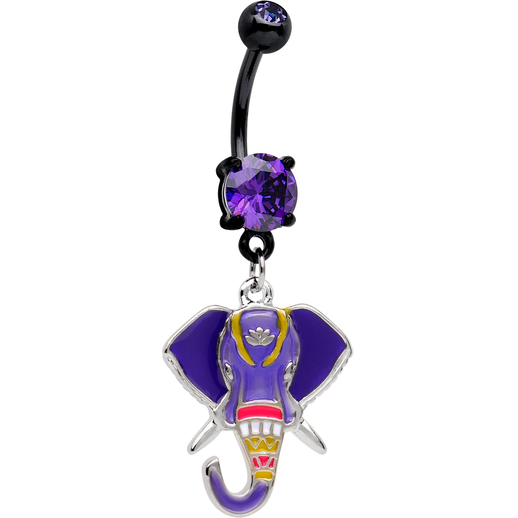 Purple CZ Gem Black PVD Purple Imperial Elephant Dangle Belly Ring
