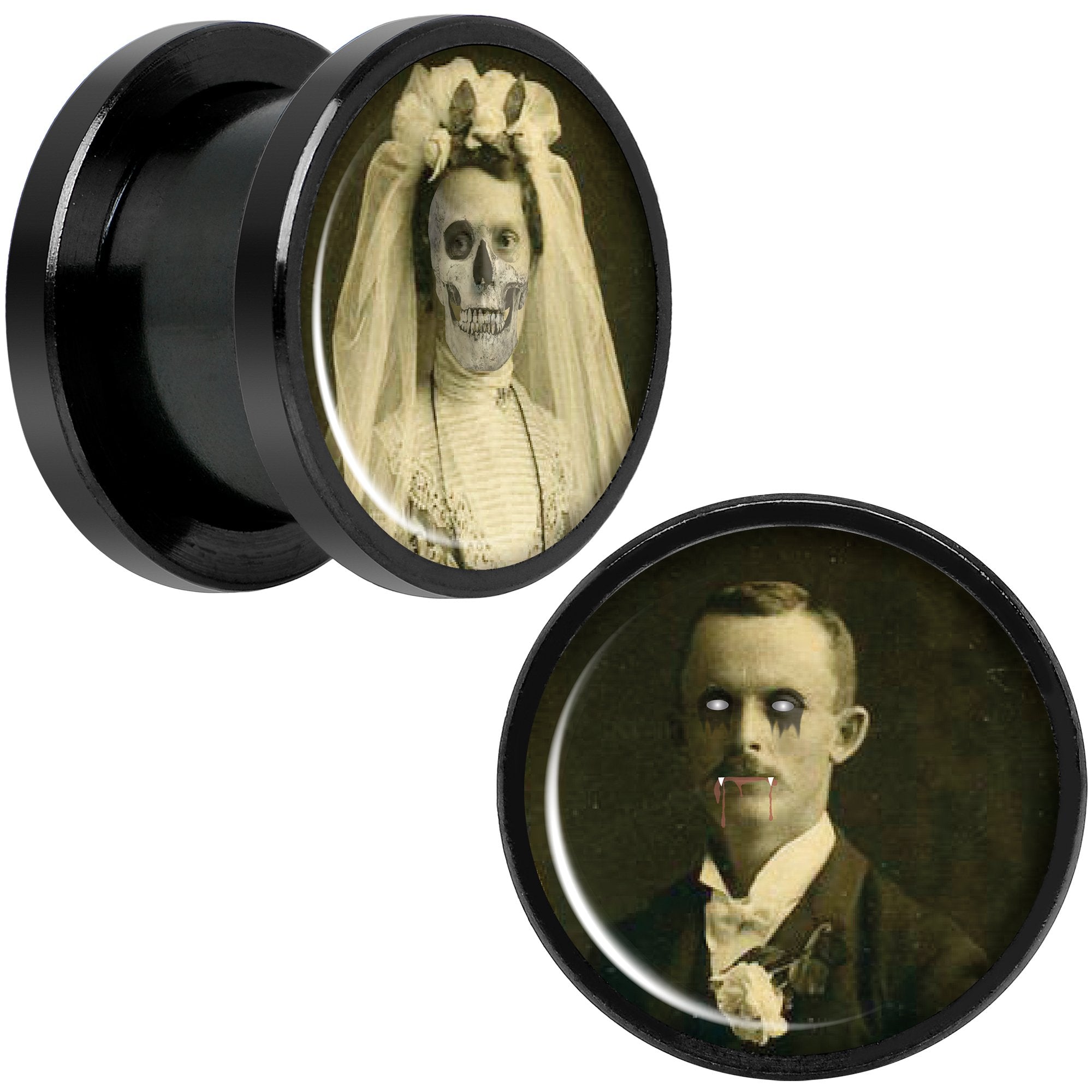 Undead Bride and Groom Halloween Black Anodized Plug Set 1/2