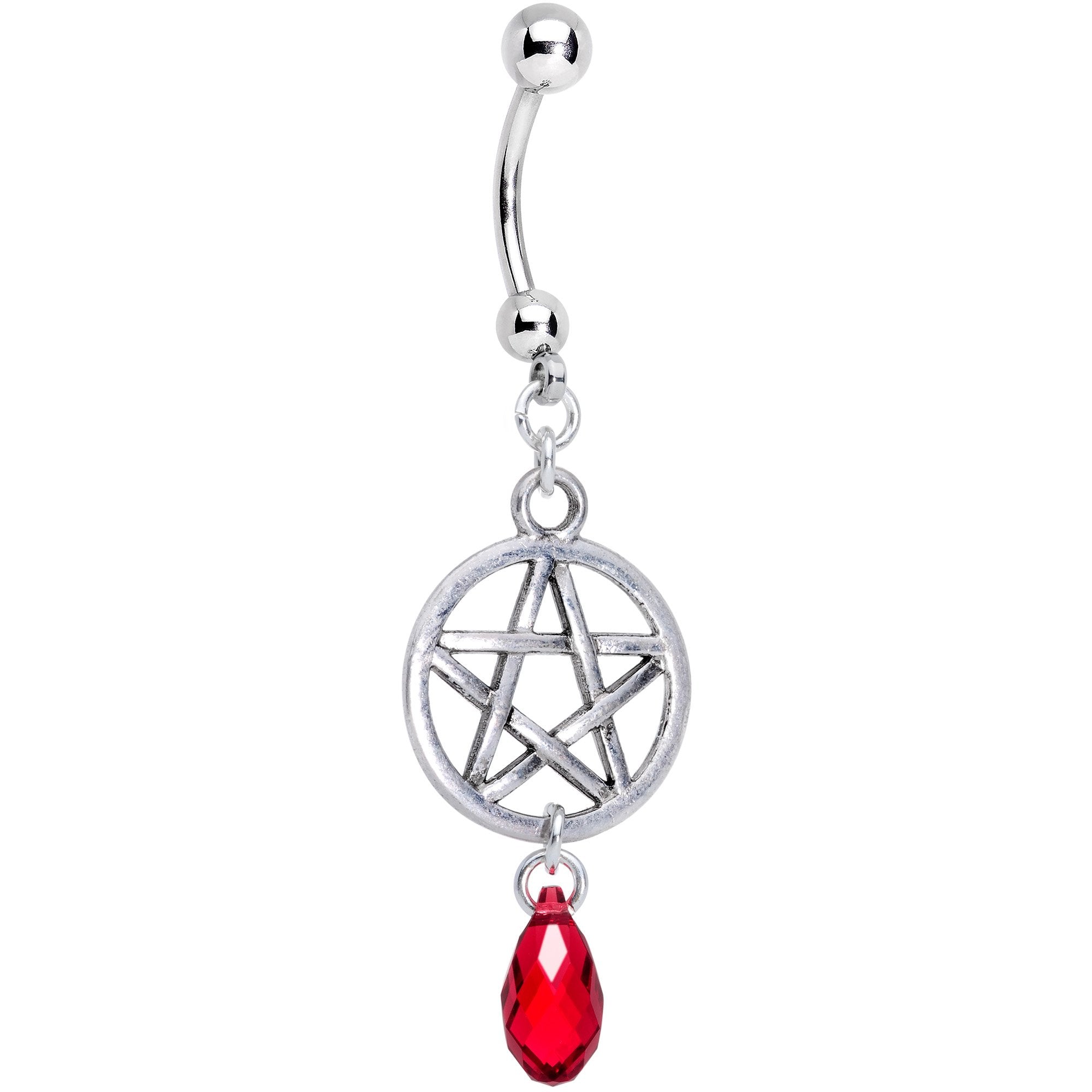 Red Gem Pentagram Dangle Belly Ring Created with Crystals