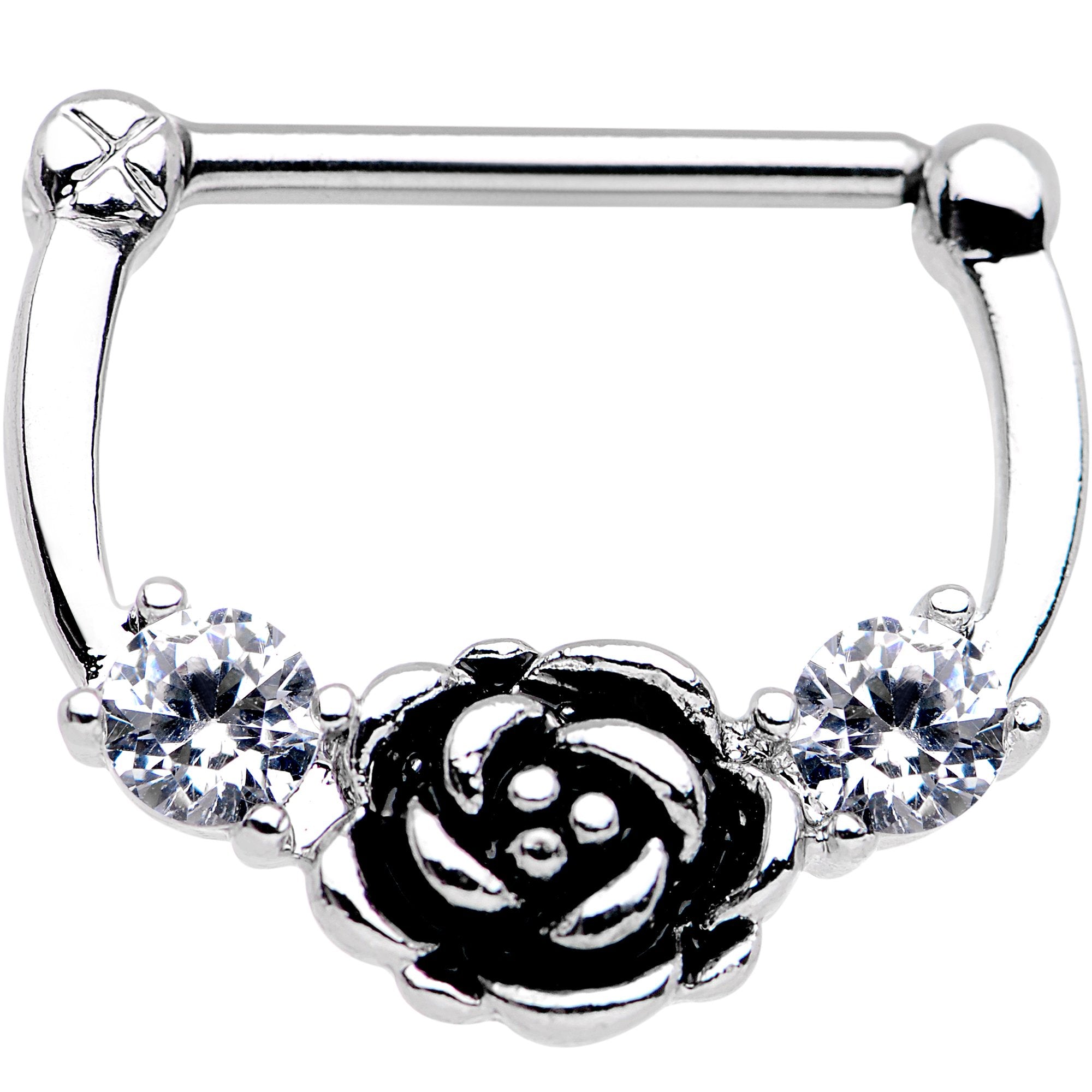 14G 9/16 Clear Gem Kissed Rose Flower Nipple Clicker Set