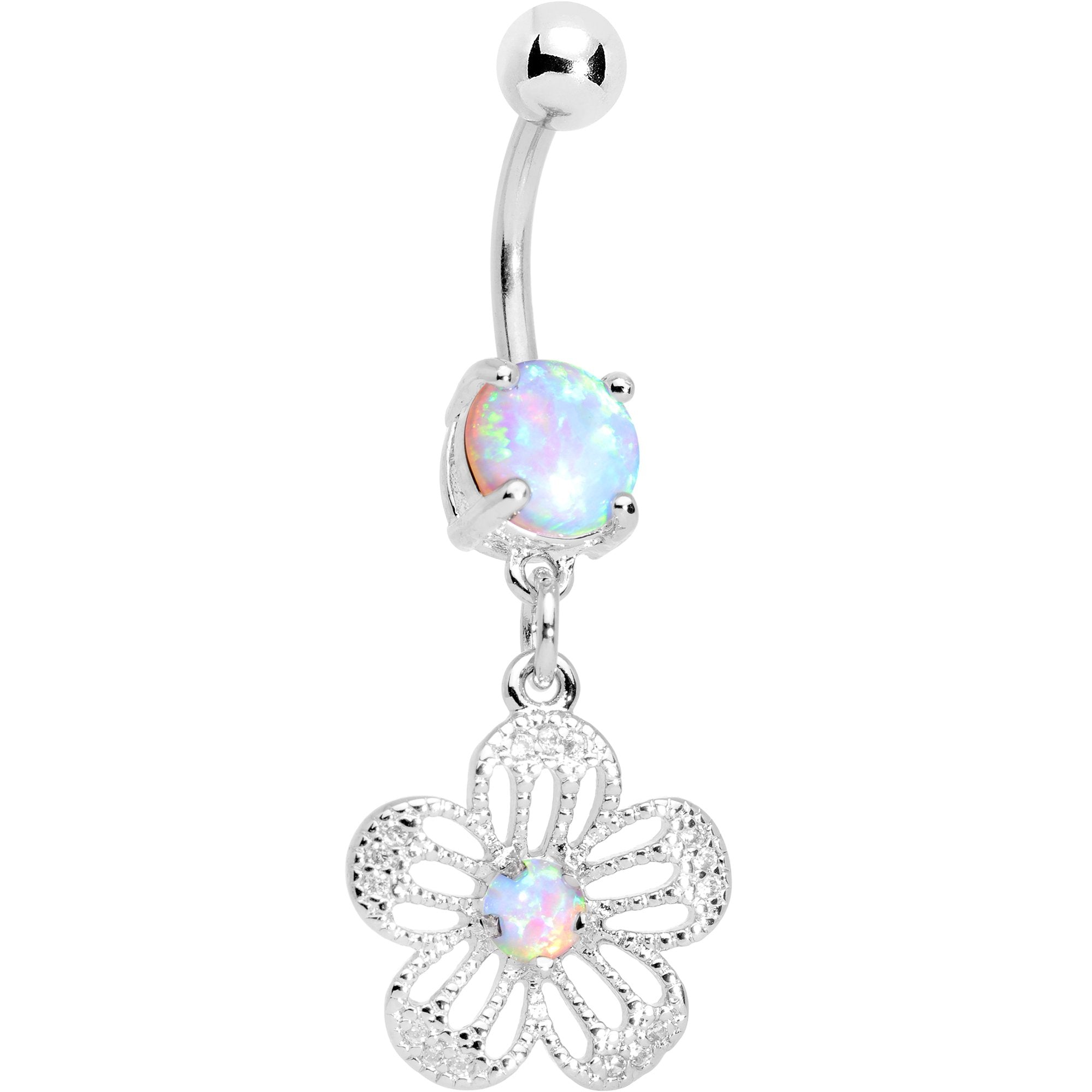 White Faux Opal Frozen Flower Dangle Belly Ring