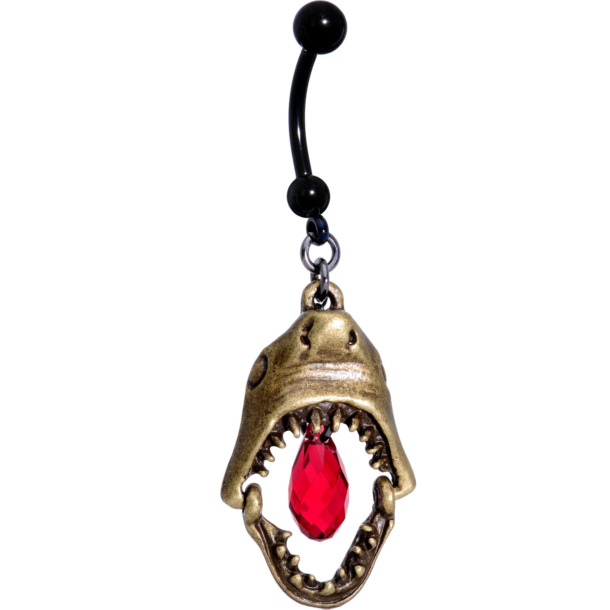Red Gem Shark Jaw Dangle Belly Ring Created with Crystals