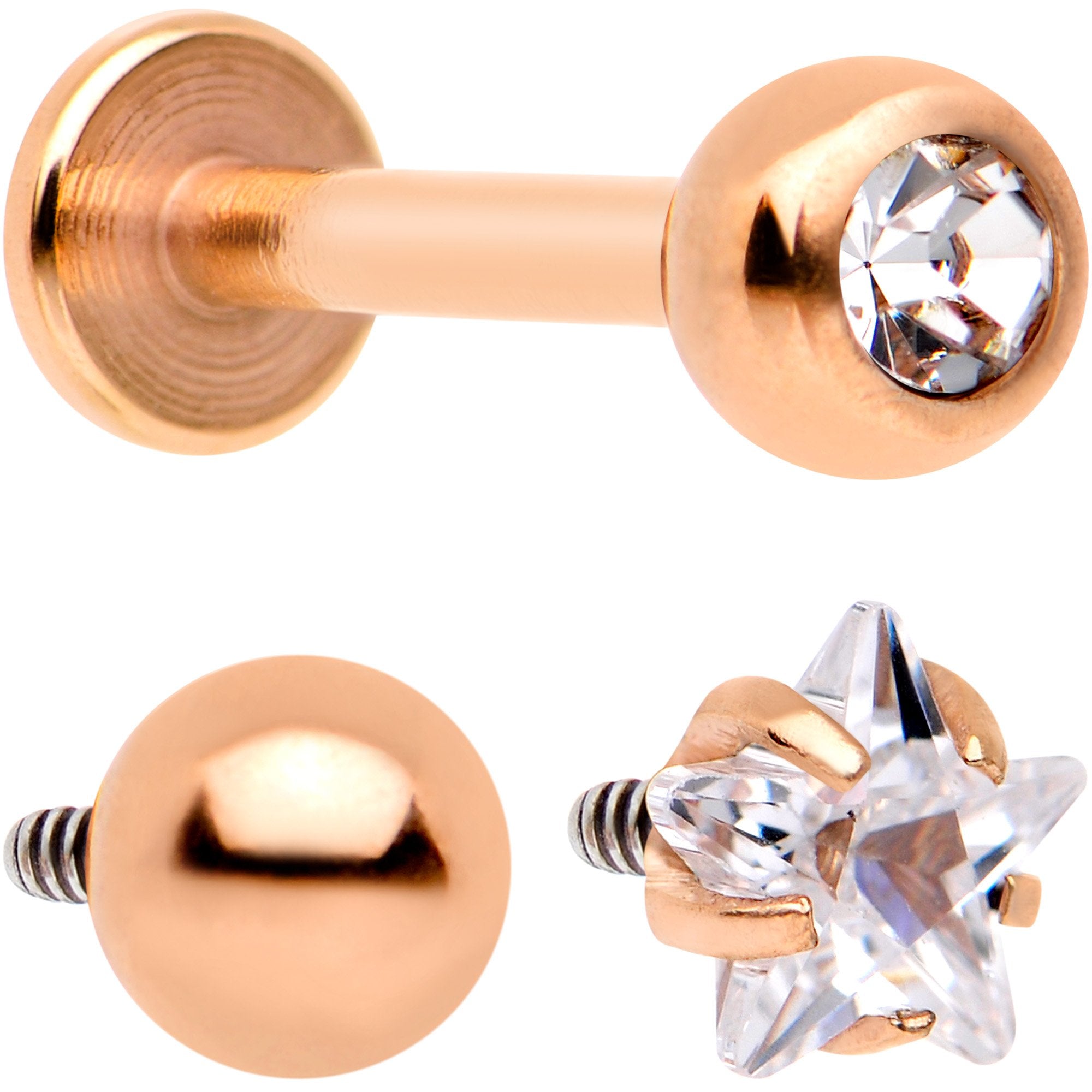 Clear CZ Gem Rose Gold PVD Internally Threaded Labret Set of 3 Ends