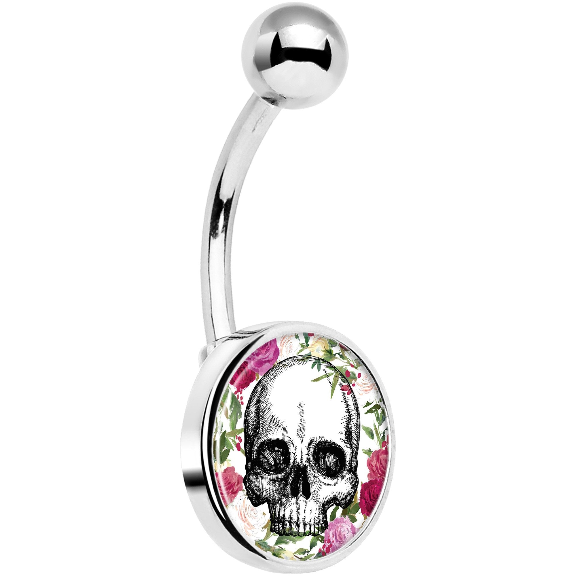 Floral Border Skull Hypoallergenic Stainless Steel Belly Ring