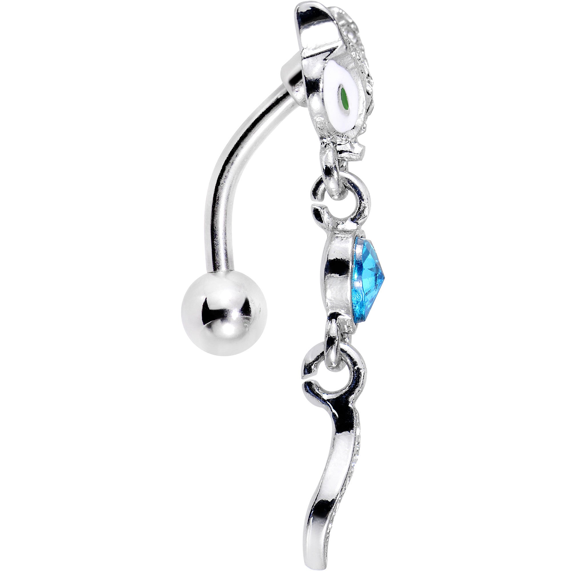 Blue Gem Heart Fierce Fox Head Top Mount Dangle Belly Ring