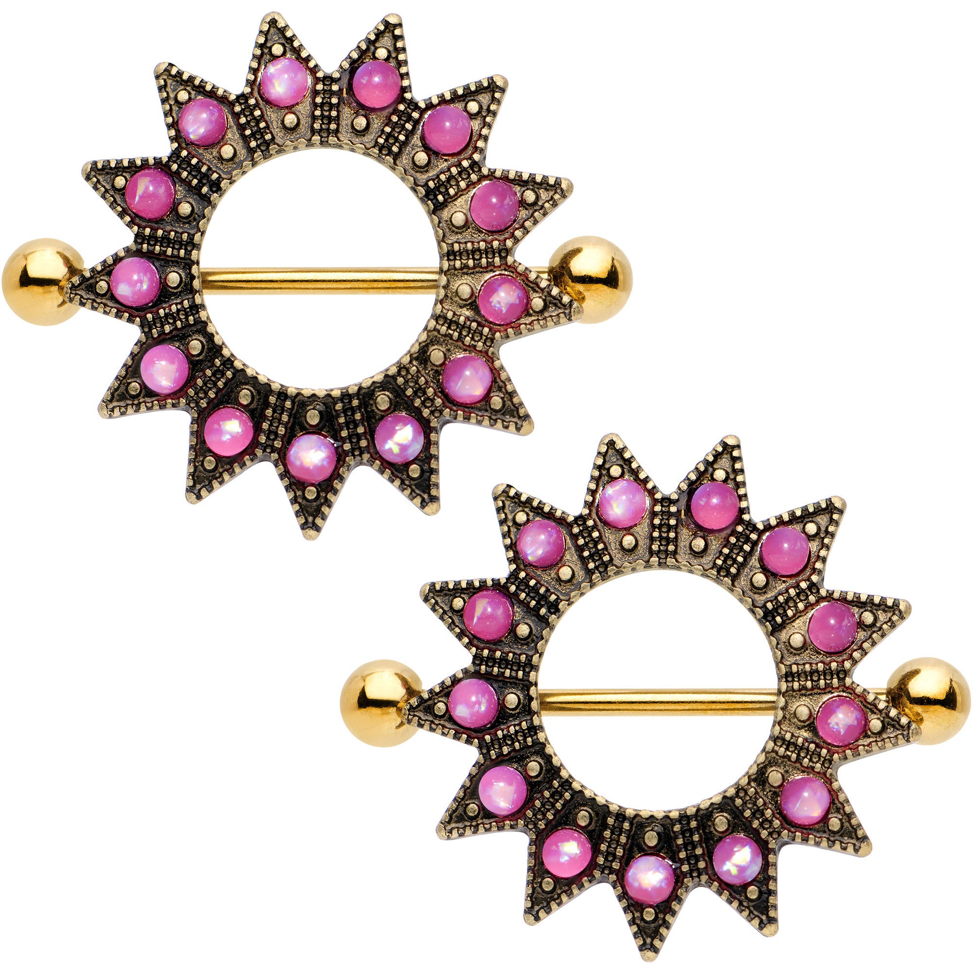 25mm Pink Faux Opal Gold Anodized Sun Goddess Nipple Shield Set 25mm Pink Faux Opal Gold Anodized Sun Goddess Nipple Shield Set