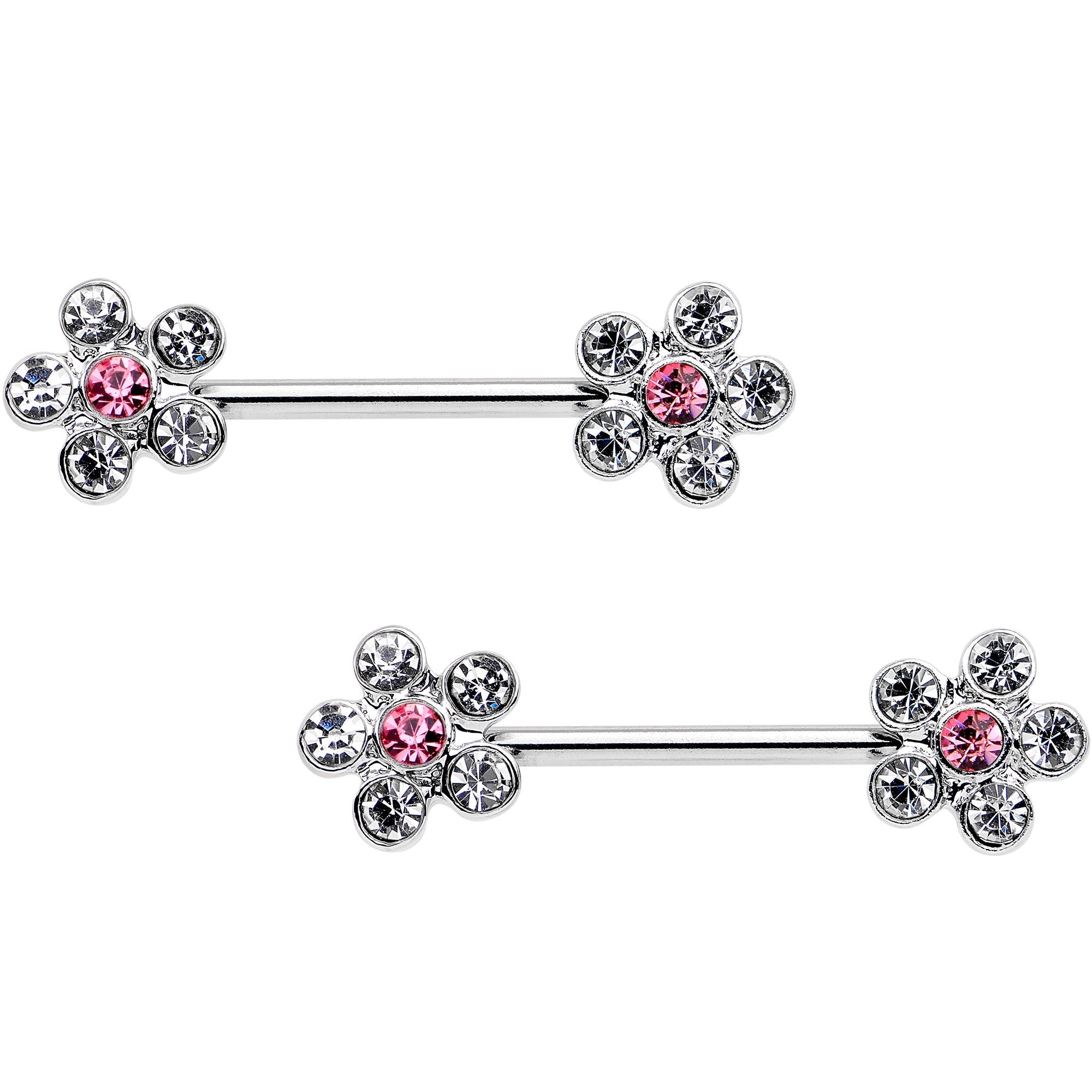 14G 5/8 Clear Pink CZ Gem Fancy Flower Barbell Nipple Ring Set