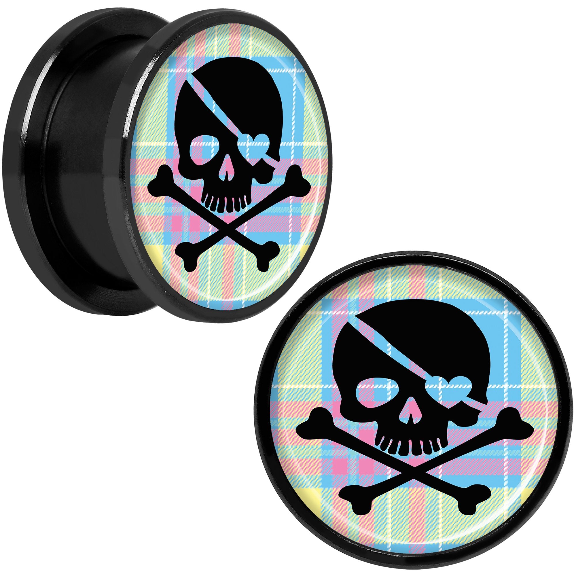 Pink Green Plaid Heart Skull Black Anodized Screw Fit Plug Set 5/8