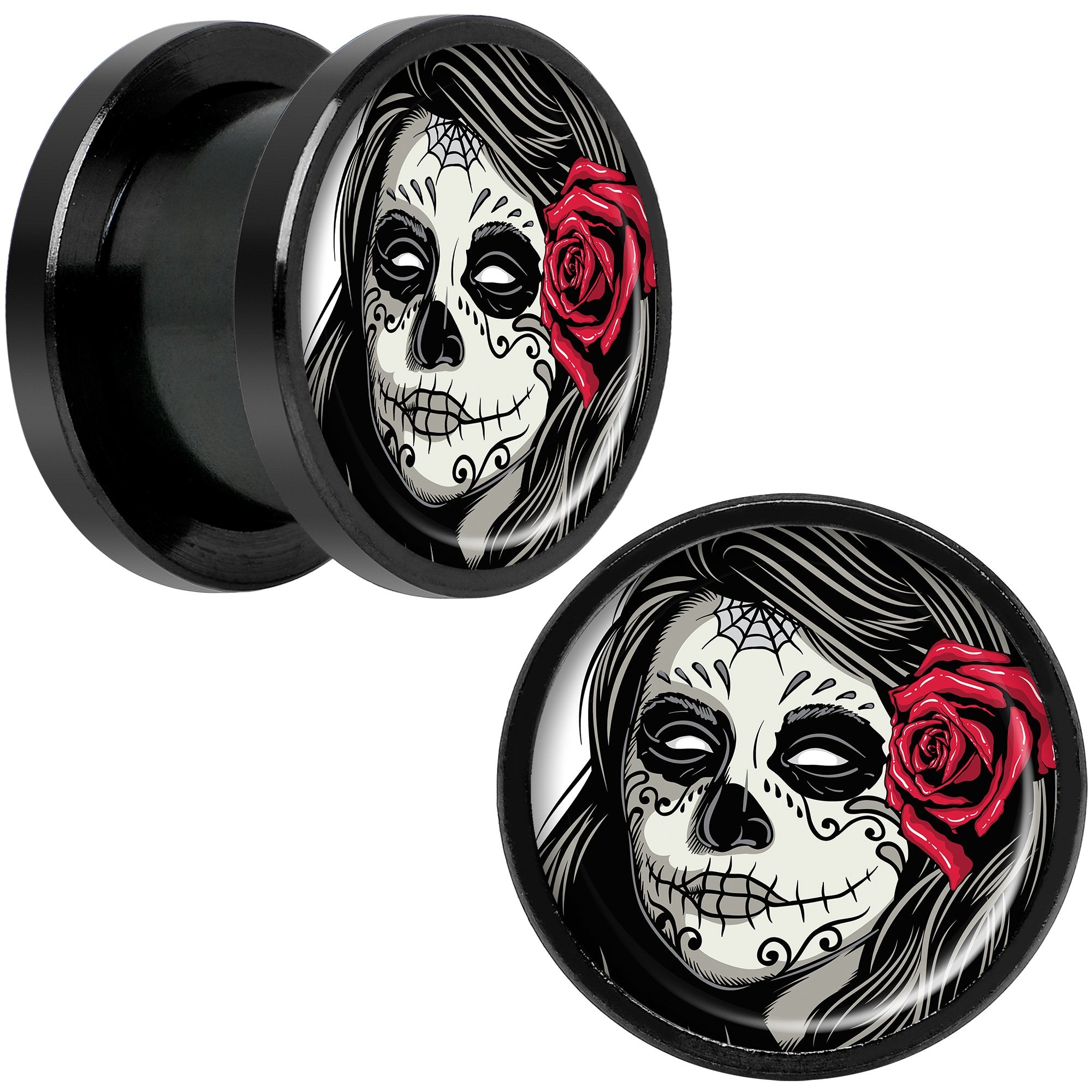 Katrina Sugar Skull with Rose Flower Black Anodized Screw Fit Plug Set 1/2